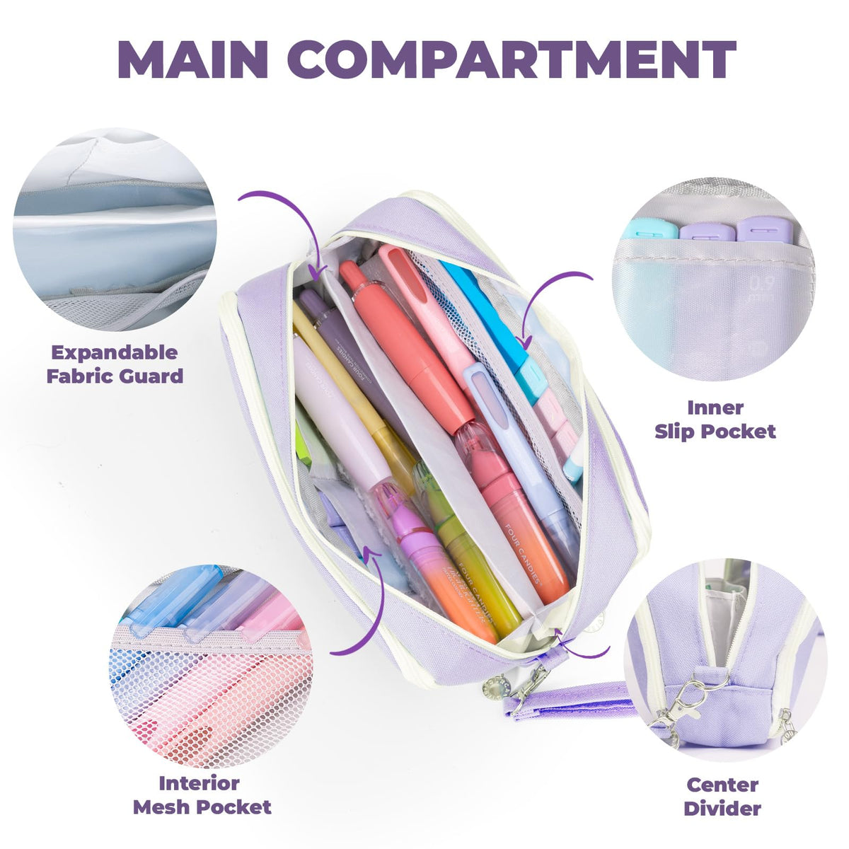 Four Candies Puple Pencil Case 3 Compartment Pouch, Large Pencil Case for School, Girls, Teen Boys, Women, Puple, Removable Handle & Zipper, Cute Pencil Bag for Office, College