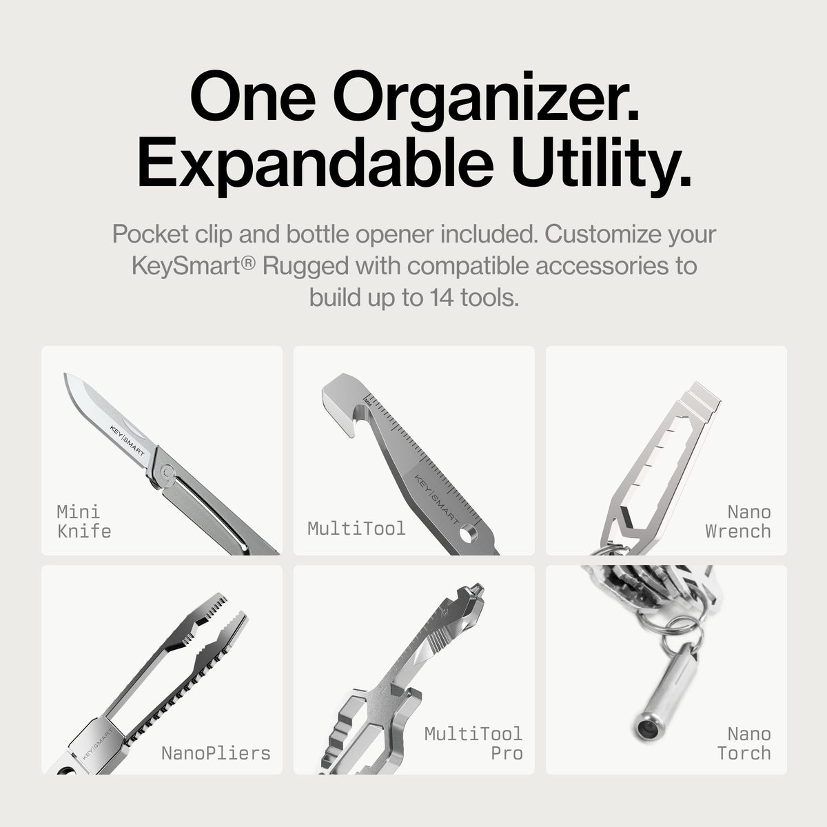 KeySmart Rugged - Multitool Key Holder for Keychain w/Bottle Opener and Pocket Clip, Organizer for Keys, EDC Keychains, Ring for Car Fobs Key Chains, Expandable (Up to 14 Keys, Black)