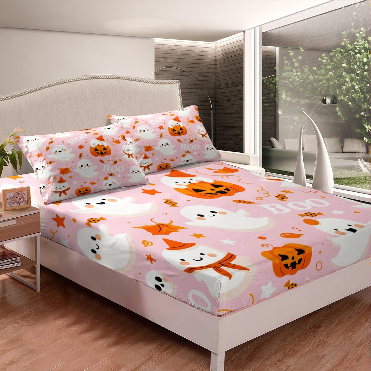 Feelyou Pink Halloween Fitted Sheet Cartoon Pumpkin Lantern Ghost Full Size Bedding Set Decoration for Kids Boys Girls Pink Sheets Set Happy Halloween Bed Sheet Set Collection