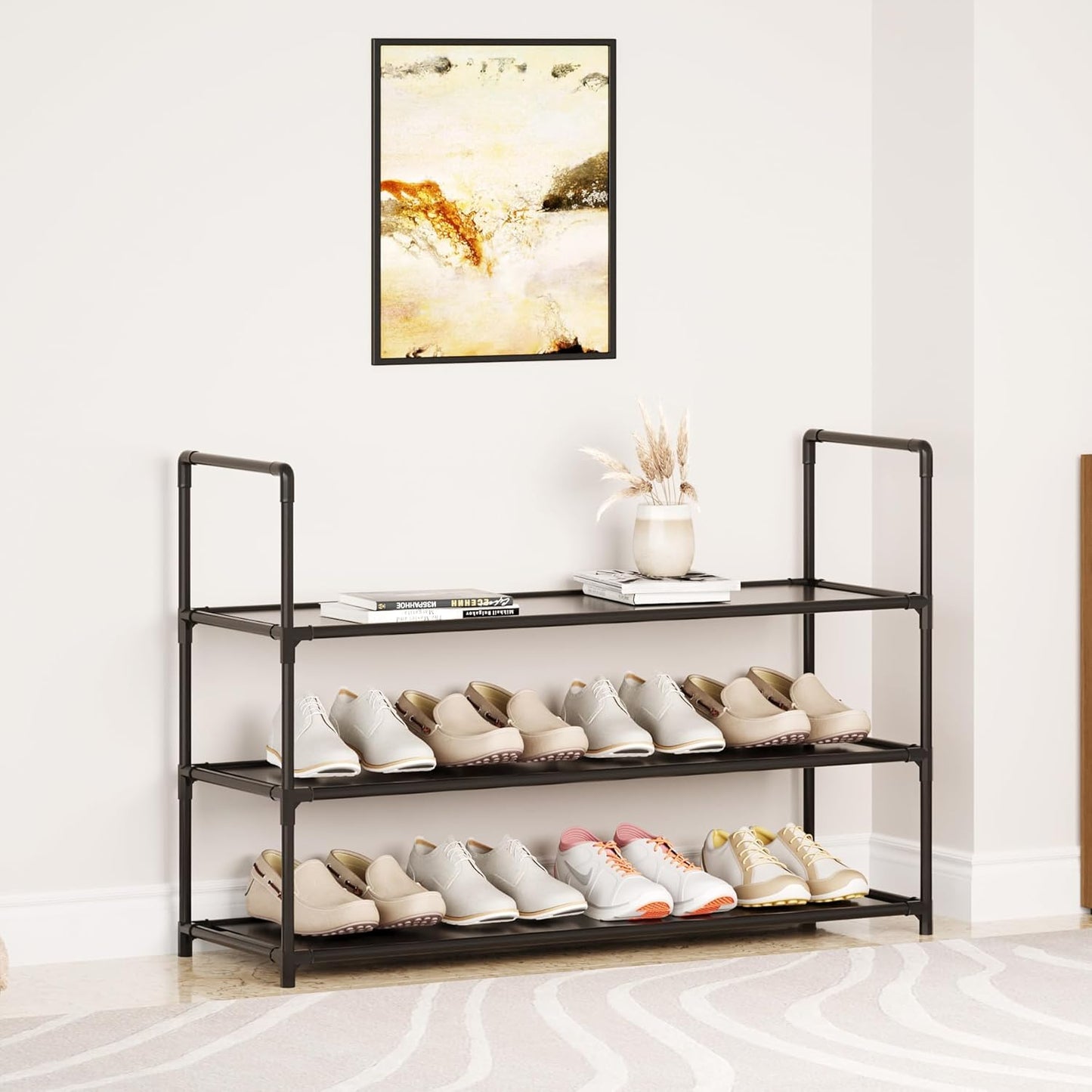 Sturdy 3-Tier Stackable Shoe Rack by [Brand Name] - Durable Organizer for 10-12 Pairs | Black