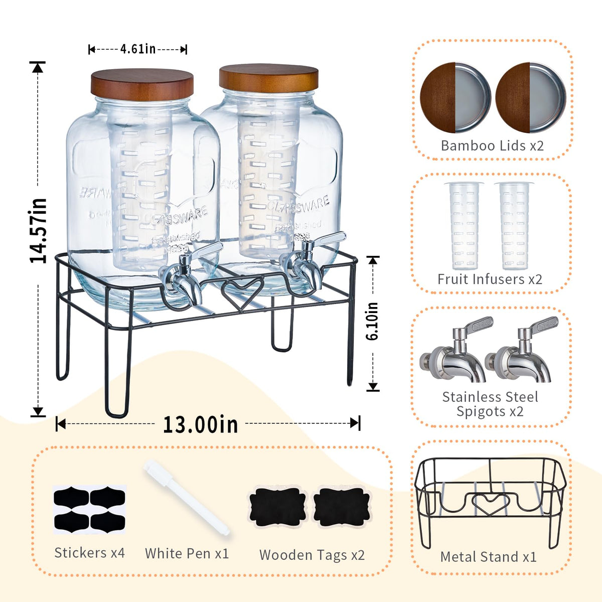 ShoreHao 2 Pack1Gallon Glass Drink Dispenser with Stand&Bamboo Lids&Fruit Infuser,304 Stainless Steel Leak-Proof Spigot,Beverage Dispenser for Parties,Water Sangria Juice Sun Tea Lemonade(Brown)