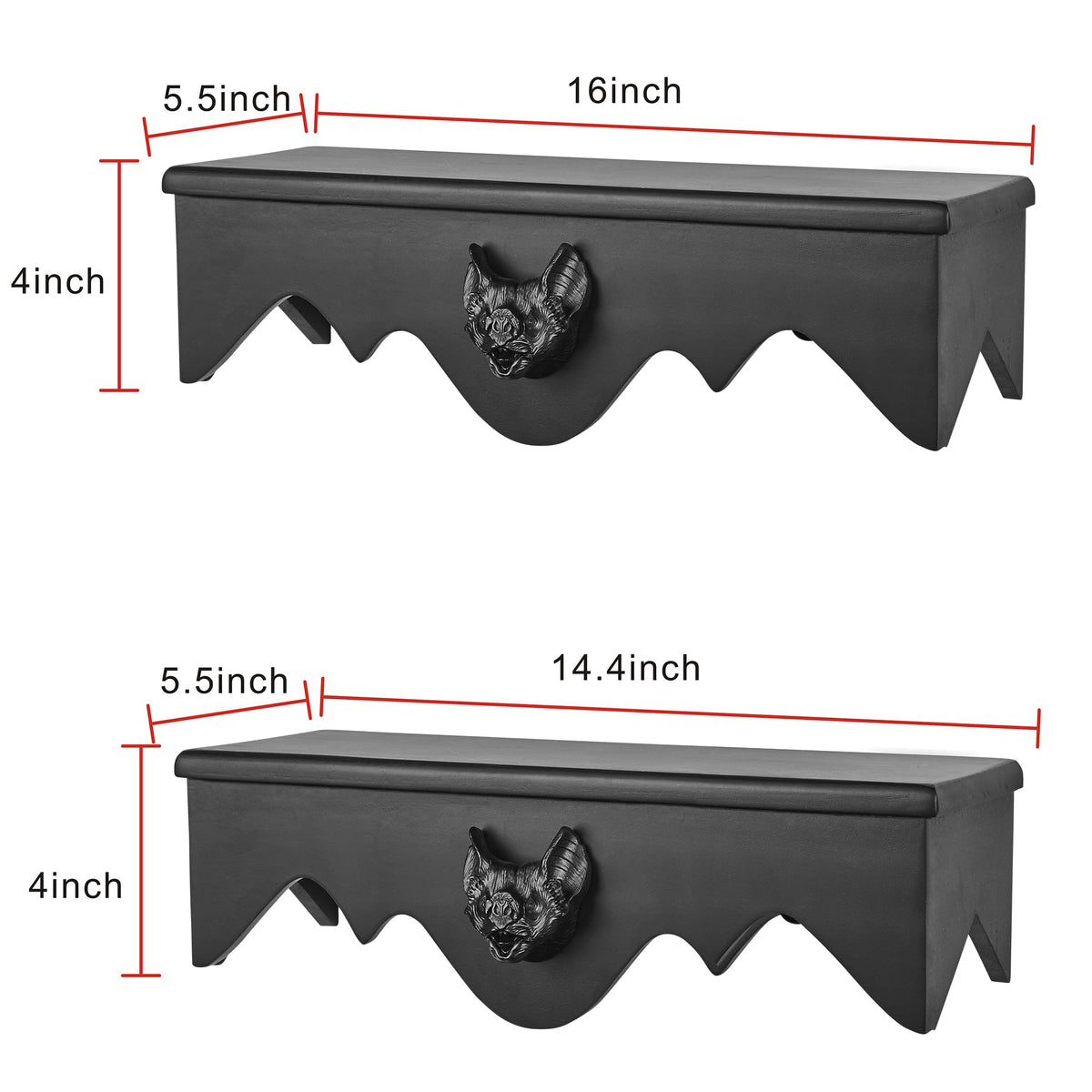 Gothvanity Gothic Bat Floating Shelves 2 Pack - Black Spooky Dark Aesthetic Wall Mounted Storage, Wooden Home Decor for Bedroom Kitchen Bathroom Office