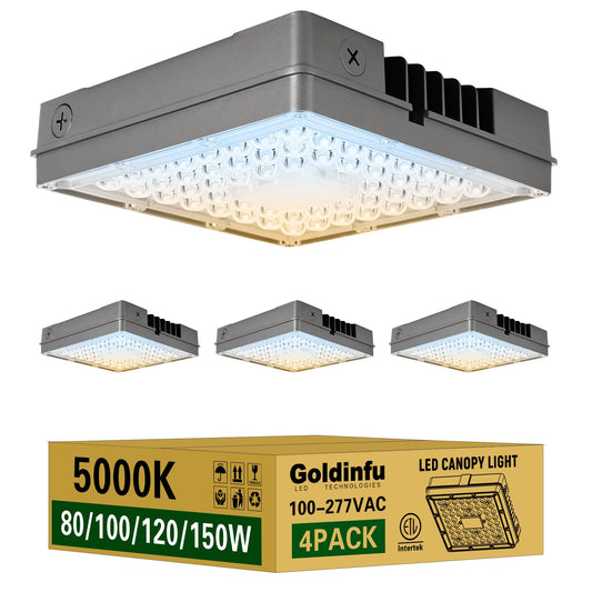 150W LED Canopy Light 4Pack, 80/100/120/150W Selectable, 5000K 22500LM Commercial LED Canopy Lights Outdoor IP65 Waterproof for Garage Shop Gas Station Carport Warehouse, DIM, 100-277VAC, ETL Listed