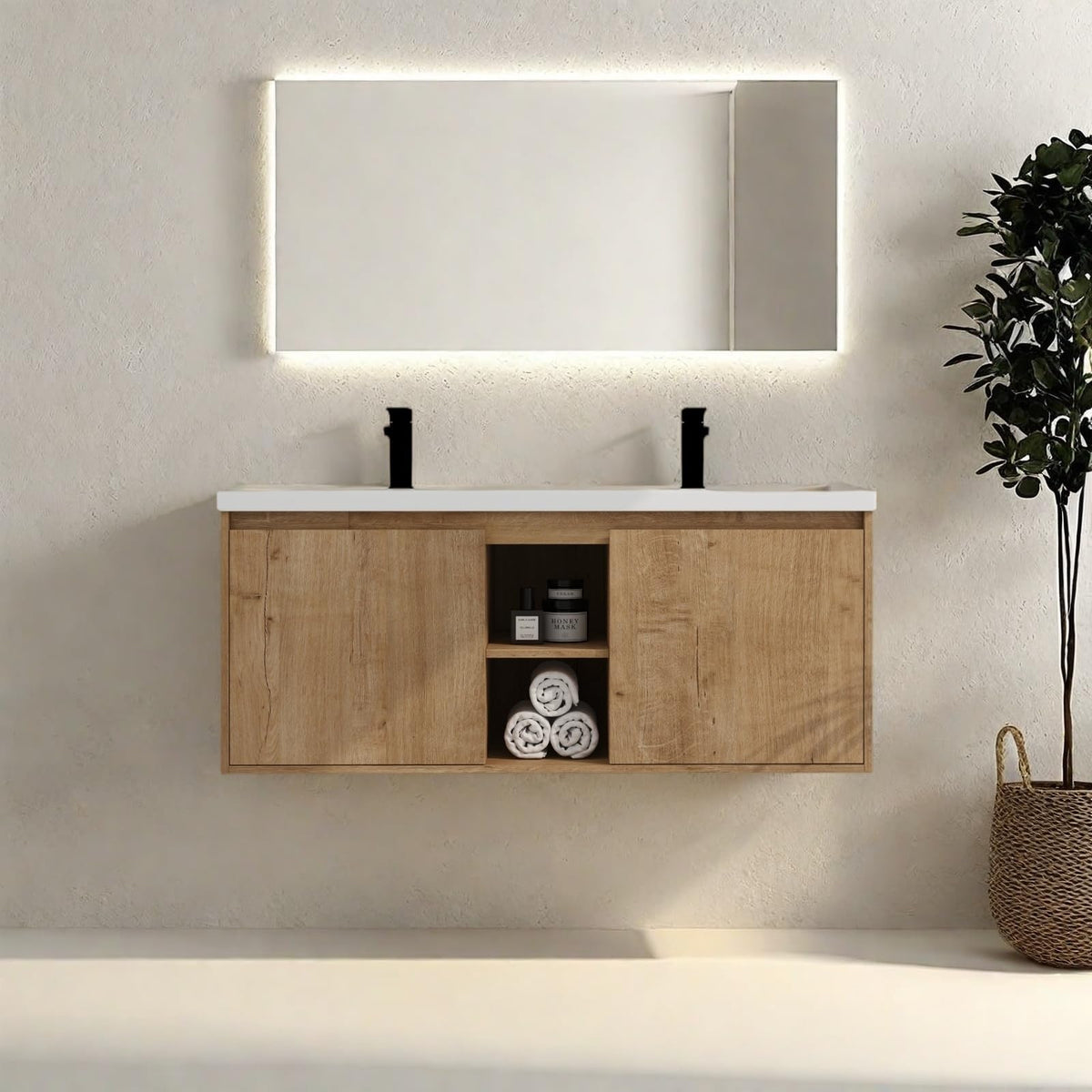 Trygoal Floating Bathroom Vanity, 48" Bathroom Storage Cabinet with Double Resin Sinks, 2 Soft-Close Doors & 2 Open Storage Shelves, Modern Wall-Mounted Vanity with 45° Bevel Handles, Oak