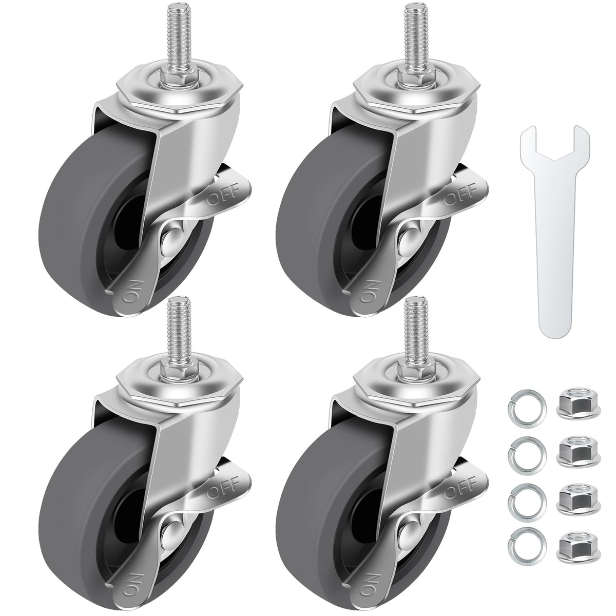 WHARSTM Caster Wheels, 3" Locking Swivel Stem Casters Set of 4, 3/8"-16 x 1 (Screw Diameter 3/8", Length 1") Rubber Casters with 360 Degree No Noise Wheels for Furniture