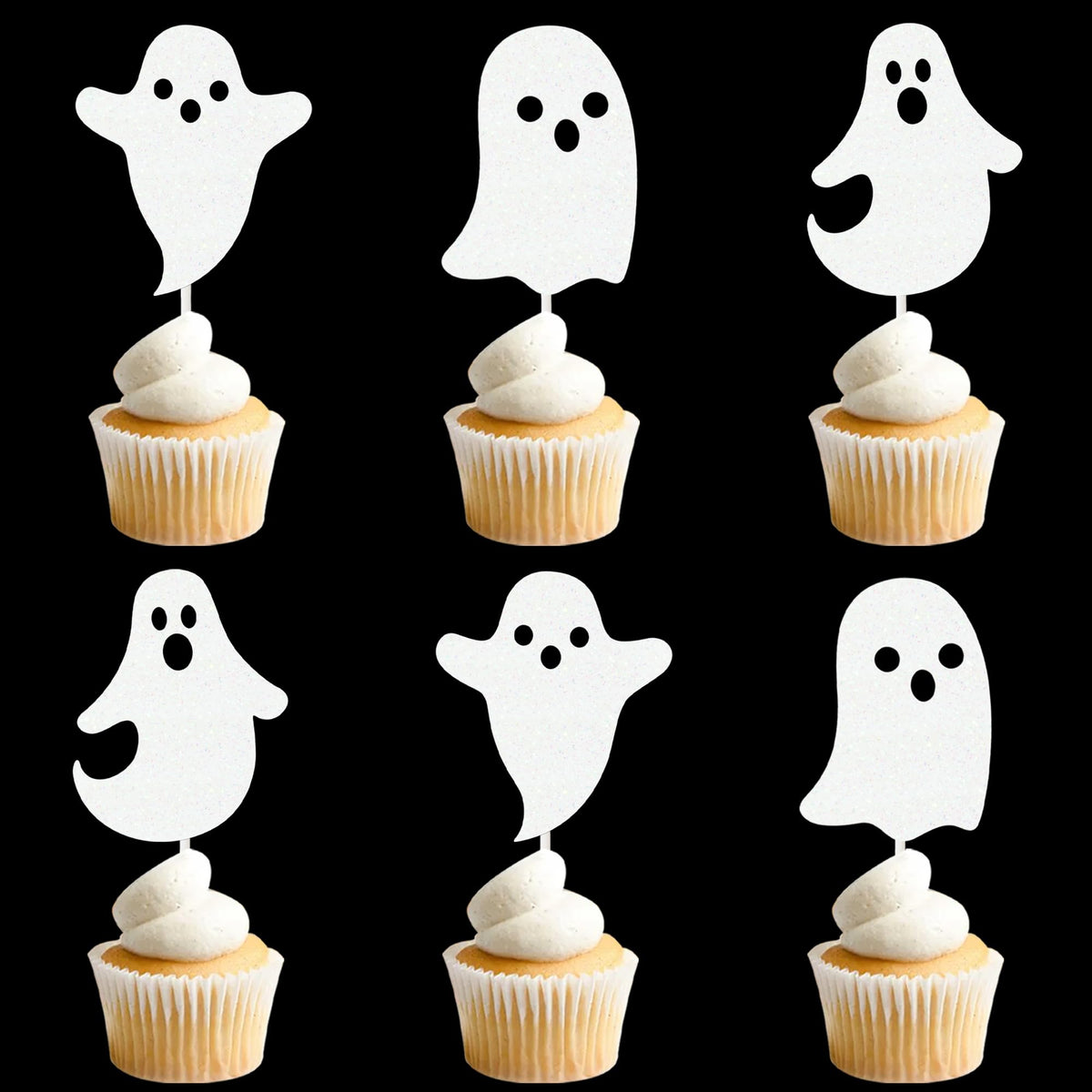 Halloween White Glitter Ghost Cupcake Toppers 24PCS Ghosts Baby Shower Cake Decorations Cute Ghost Cake Toppers for Happy Halloween Birthday Party Baby Shower Supplies