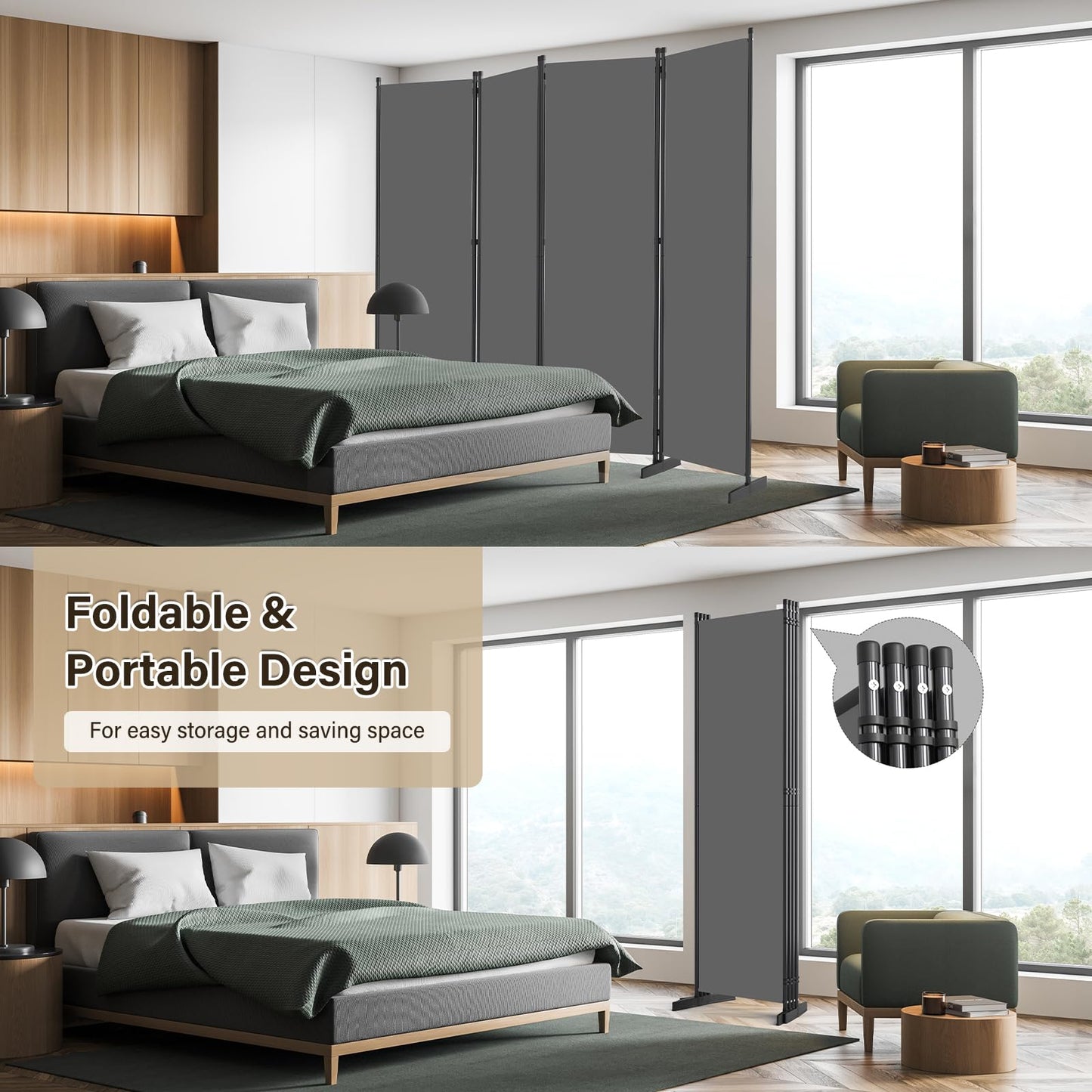 AKTOP Room Divider 4 Panel, 80" W Portable Wall Divider for Room Separation, Freestanding Partition Room Dividers, Folding Room Separators Privacy Screens for Home Office Bedroom, Grey