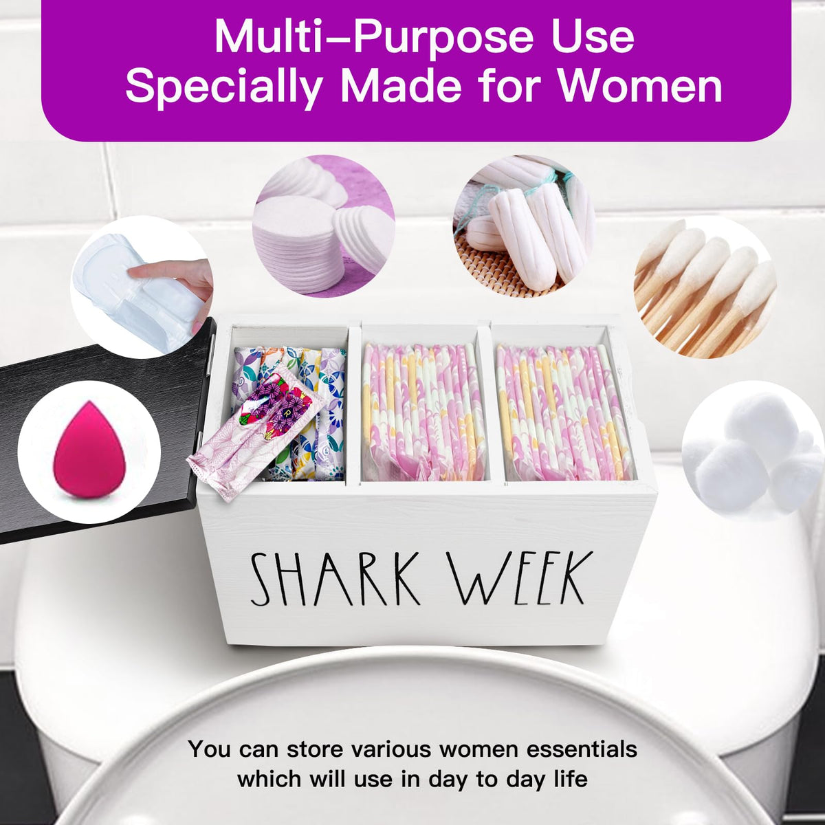 MISTOD Tampon Holder for Bathroom, Pad And Tampon Organizer with Tray Lid, Wood Feminine Product Organizer Shark Week Tampon Storage, Bathroom Accessories Small Storage Box - White