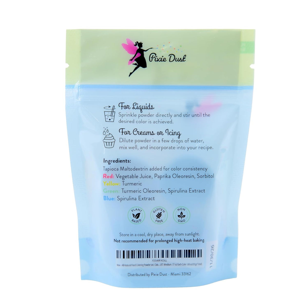 PIXIE DUST All-Natural Food Coloring Powder Set - Dye-Free, Plant-Based | 4 Colors for Baking & Drinks | 0.68 oz Total