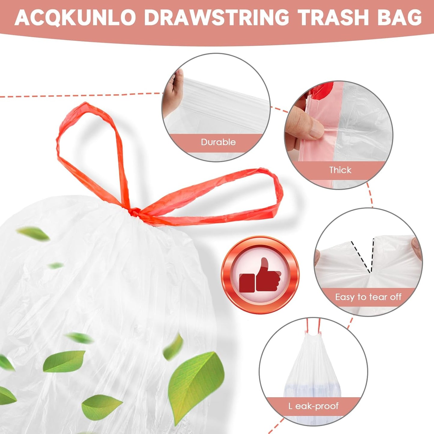 Magesh 6 Gallon Drawstring Trash Bags - Unscented White Kitchen Garbage Bags, 125 Count, Strong & Thick
