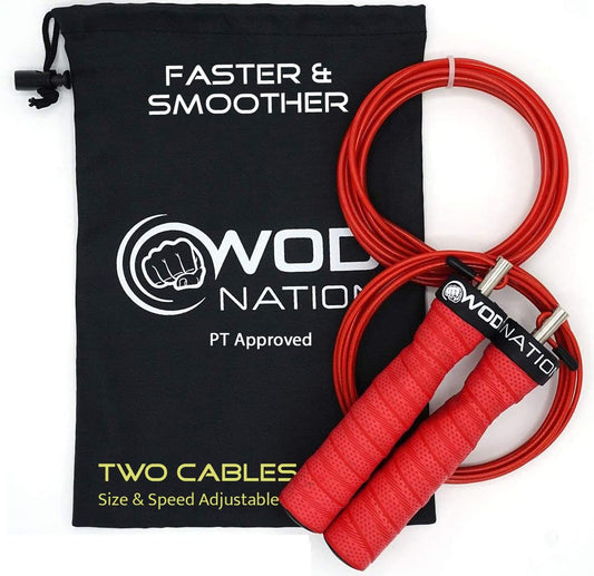 WOD Nation Speed Cable Jump Rope - Adjustable Speed Rope for Double Unders - Skipping Cord for Cardio & Boxing - 11 ft Cable, 2.2/3.3 mm, Red Alloy Steel