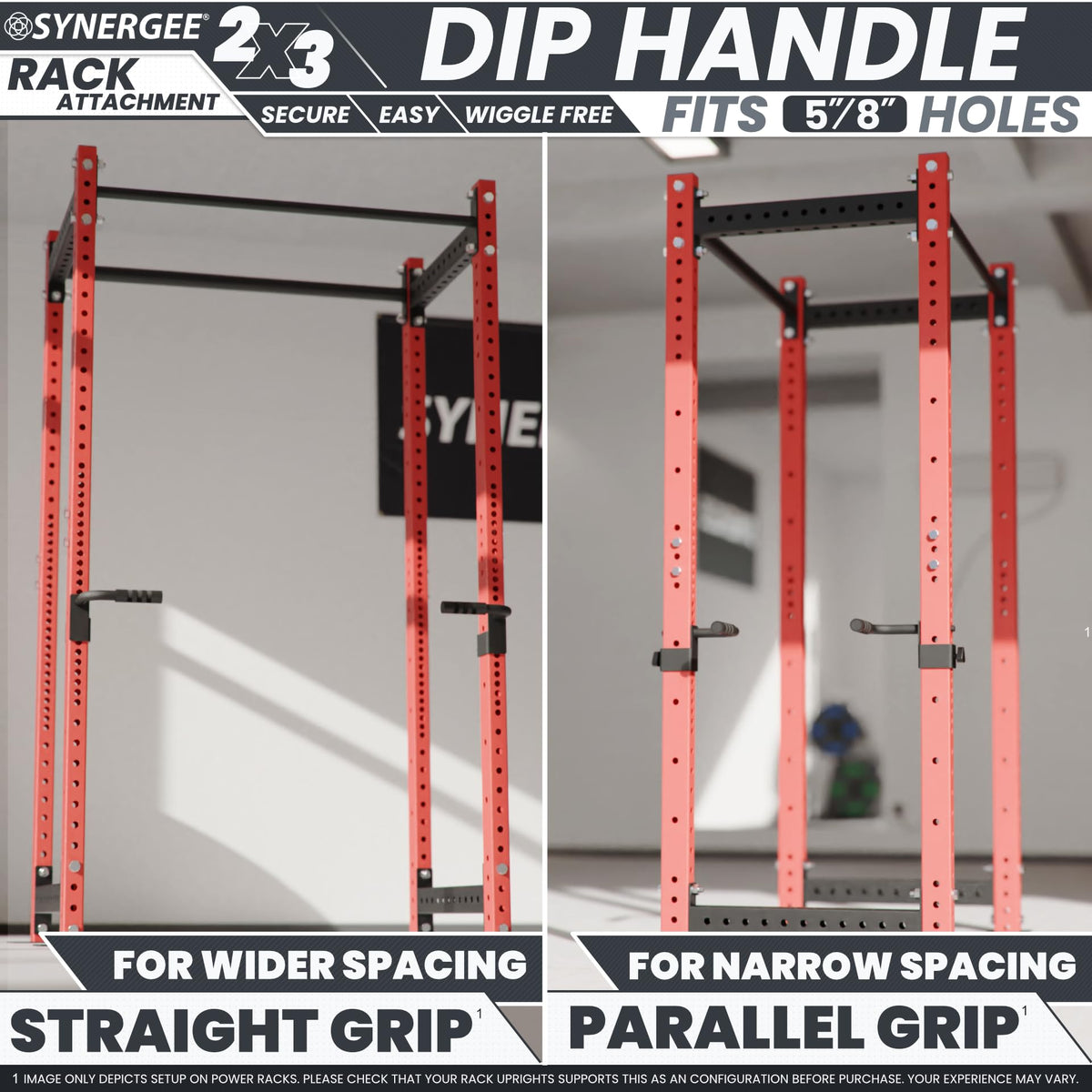 Synergee Dip Handles for 2x3 Power and Squat Racks, Dip Stand Fits Racks with 5/8" Holes. Rack-Mounted Dip Bar Attachment for Dips, Leg Raises, and Knee Tucks.