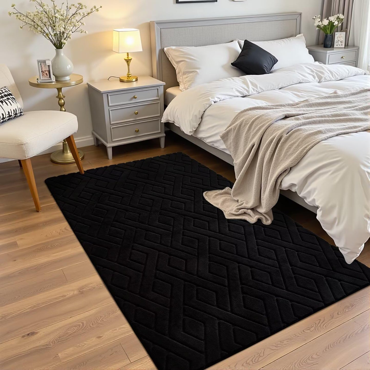 Flagover 3x5 Black Washable Area Rug for Bedroom, Modern Geometric Shag Non-Slip Living Room Rugs, Fluffy Plush Soft Memory Foam Carpet for Kids Boys Room Nursery Room Dorm Bedside Decor