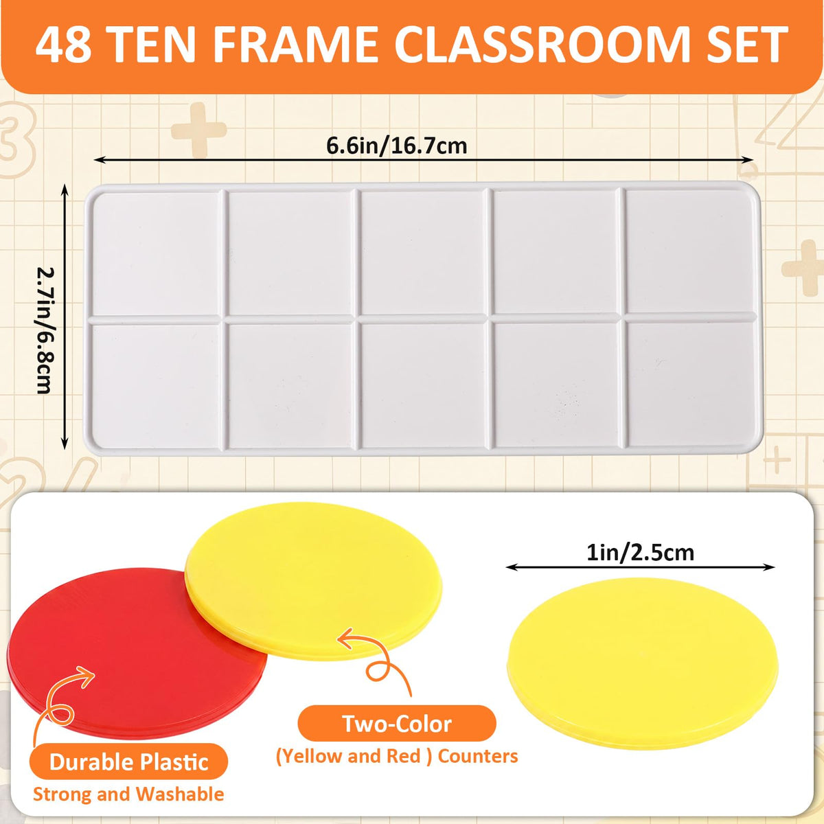 Soulchen 48 Sets Plastic Ten Frames for Classroom Math Manipulatives for Kids Classroom Math Counters Supplies Including 48 Plastic Ten Frames, 480 Counters for Teach Number Concepts (Red, Yellow)