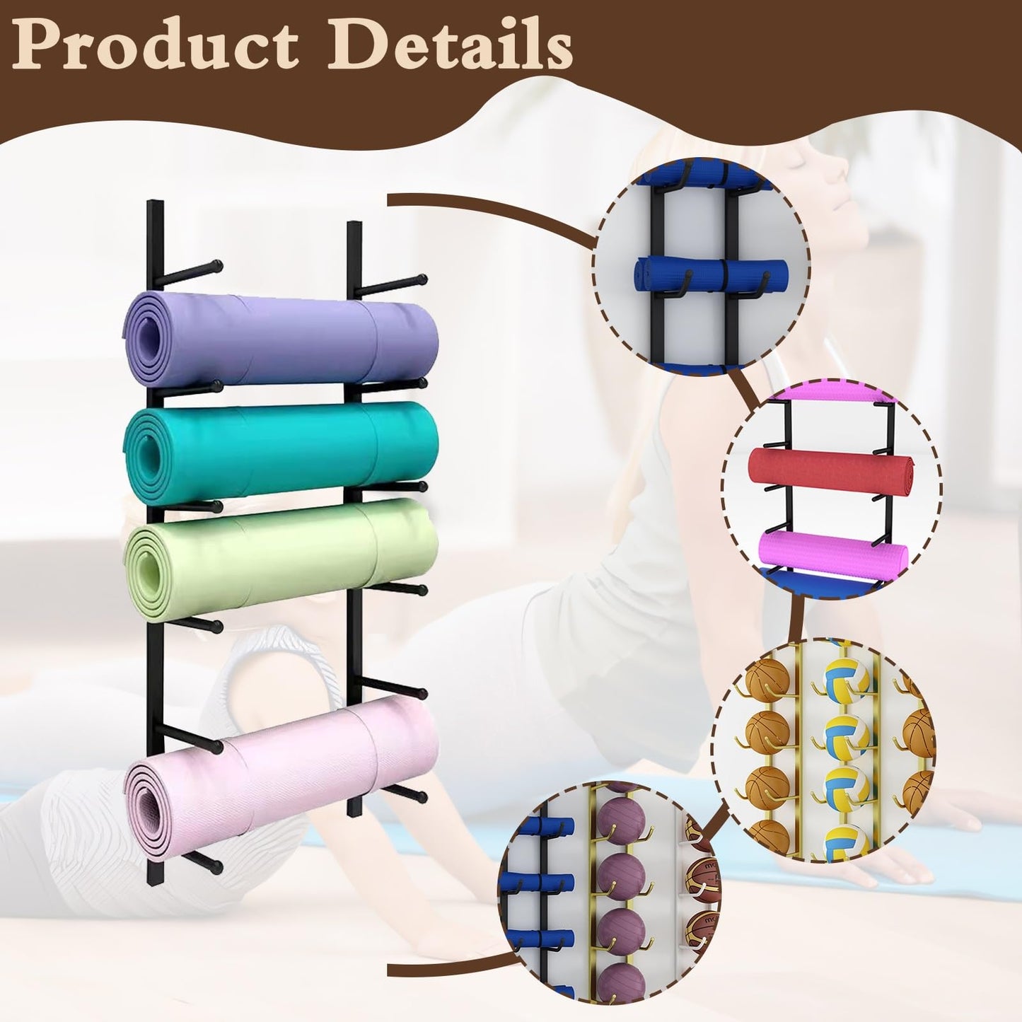 amhricho Yoga Mat Storage Rack, Wall Mounted Yoga Mat Holder, Large Capacity Storage Shelf, Multi-layer Storage, Home Hanging Storage Racks, Suitable for Home, Yoga Studio, Gym, School(Black,3-Tier)