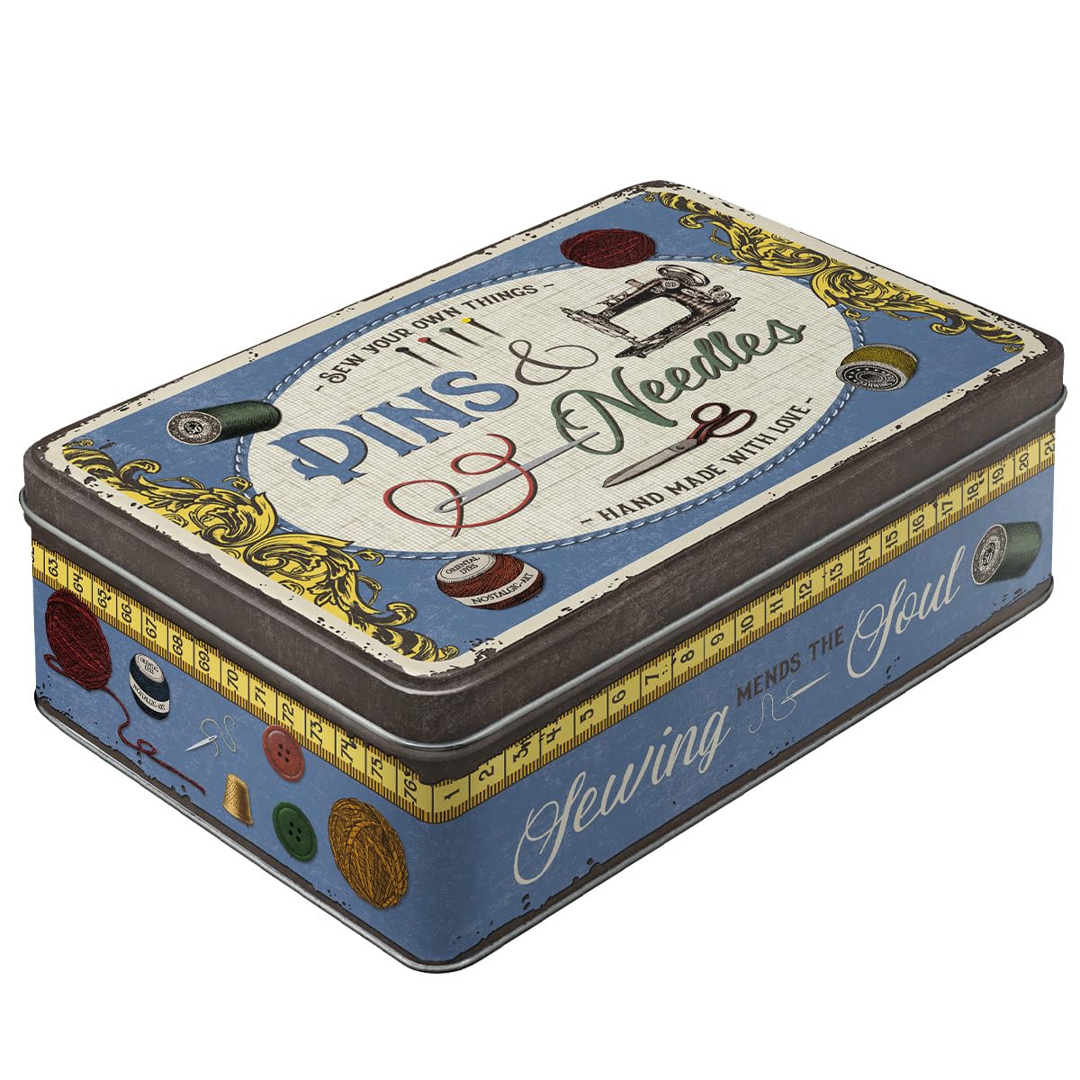 Nostalgic-Art Retro storage tin box flat, 84.5 oz, Pins & Needles Sewing Box – Gift idea for your home, metal can with lid, vintage design
