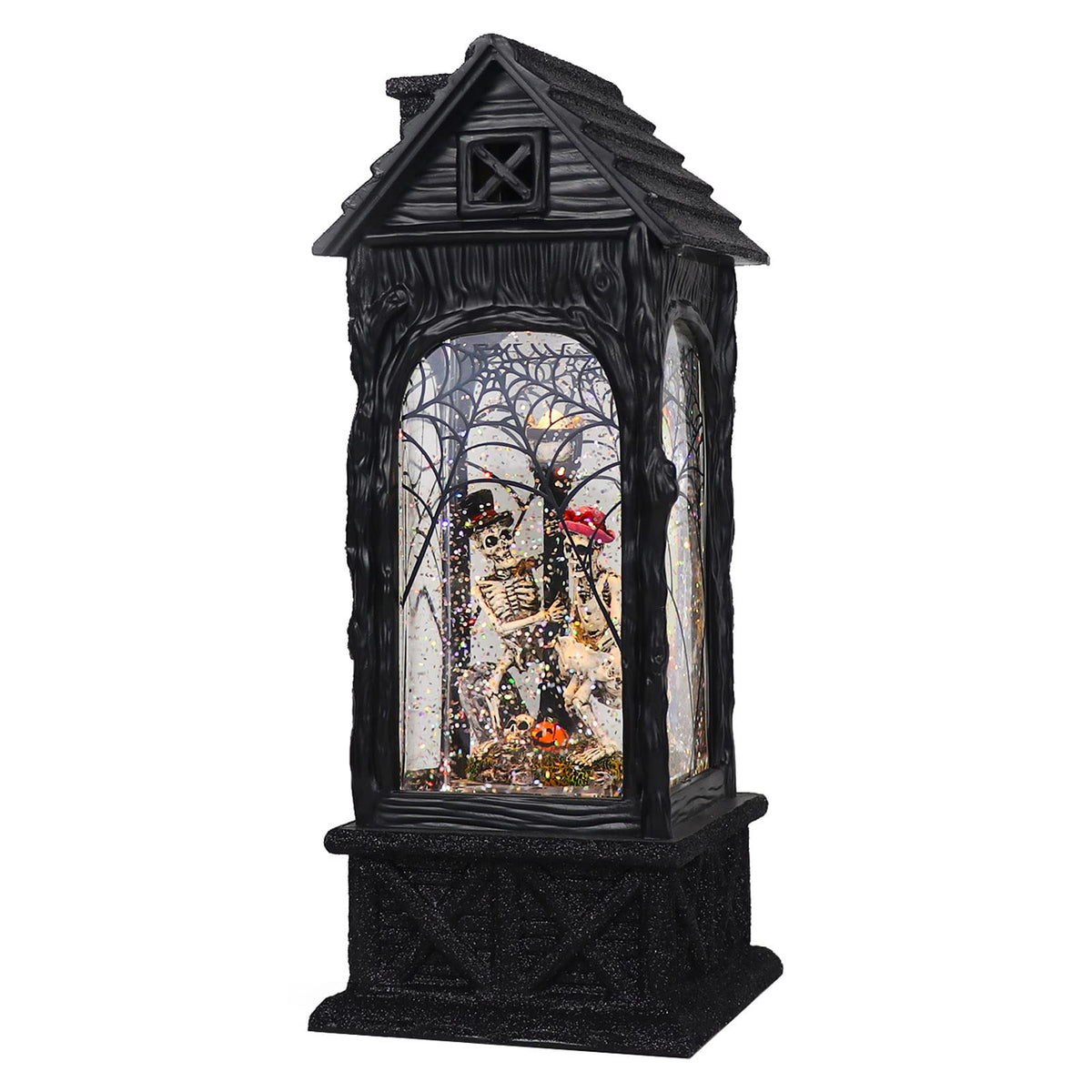 Eldnacele Halloween Ghost Projection Snow Globe Lantern with 6-Hour Timer, Lighted Plug-in & Battery Operated Water Glittering Snowing Globe Lamp for Spooky Fall Halloween Indoor Decoration(Skeleton)