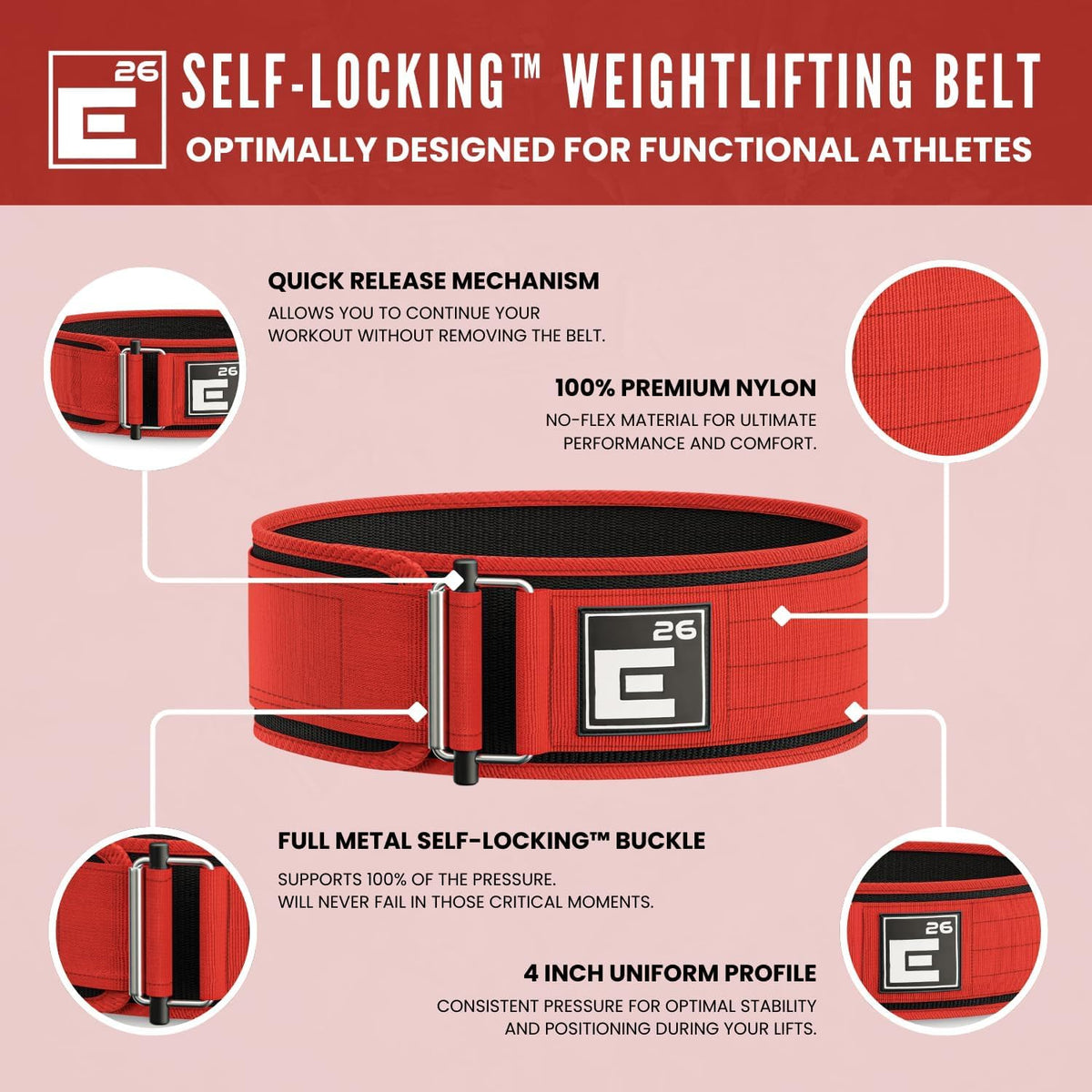 Element 26 Self-Locking Weight Lifting Belt - Premium Weightlifting Belt for Serious Functional Fitness, Power Lifting, and Olympic Lifting Athletes - Squat & Deadlift for Men & Women (Large, Red)