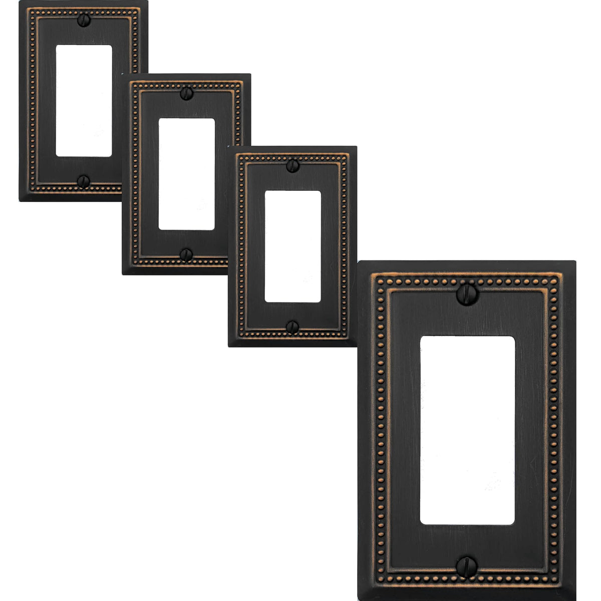 OKAWYC Single Decorator Light Switch Cover Belaire Beaded Metal Wall Plate, 4-Pack Aged Bronze 1 Gang Single Rocker Oil Rubbed Bronze Receptacle Dimmer Switch GFCI Outlet Decorative Wallplate, Durable