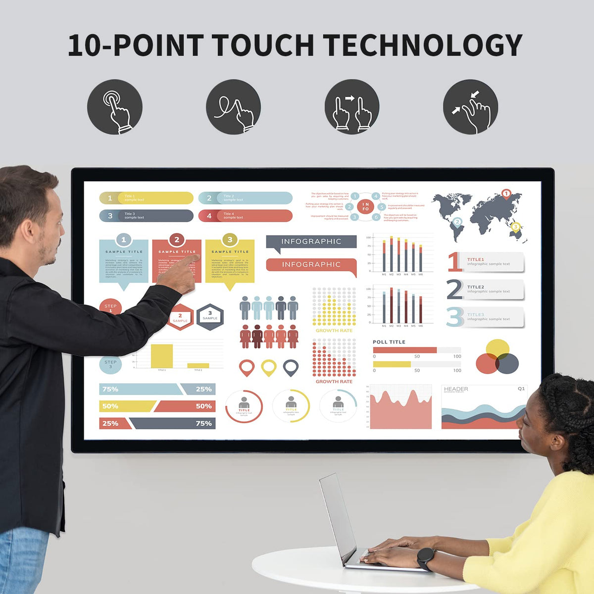 TouchWo 43 inch Interactive Touchscreen Monitor, Smart Board with 16:9 Display 1080P, Android 11 Touchscreen Electronic Whiteboard for Office and Classroom, RAM 4G & ROM 32G