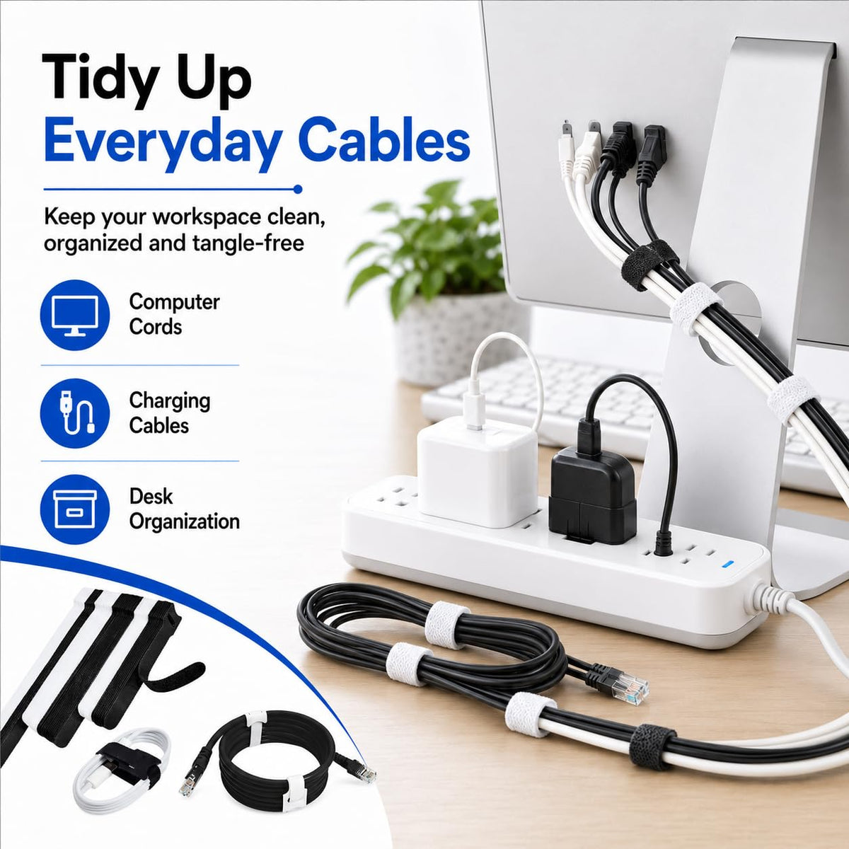 70pcs Cable Ties Reusable Black and White Wire Ties Cable Management Cord Ties Reusable for Electronics Hook and Loop Cable Ties for Computer 4 6 8 Inch