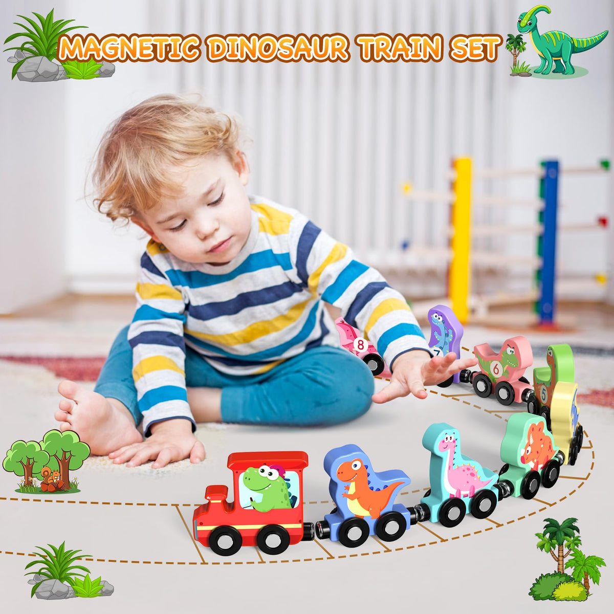Zeoddler Toys for Toddlers, 11 Magnetic Wooden Dinosaur Train Set, Montessori Toys for Toddlers, Preschool Educational Material for Kids, Birthday Gifts for Boys, Girls
