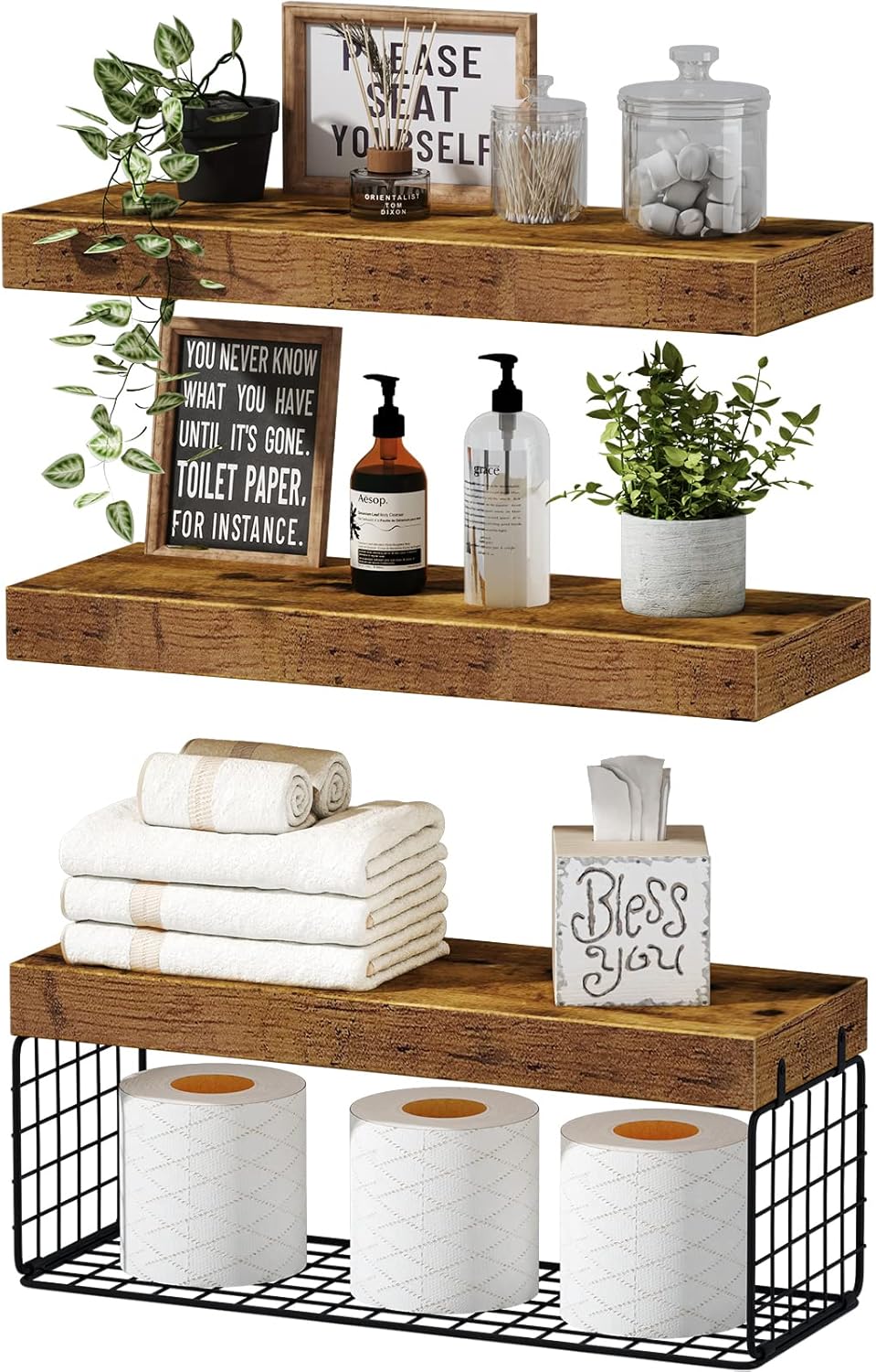 QEEIG Bathroom Shelves - Over Toilet Storage Set of 3 | Stylish Bathroom Decor Bundle