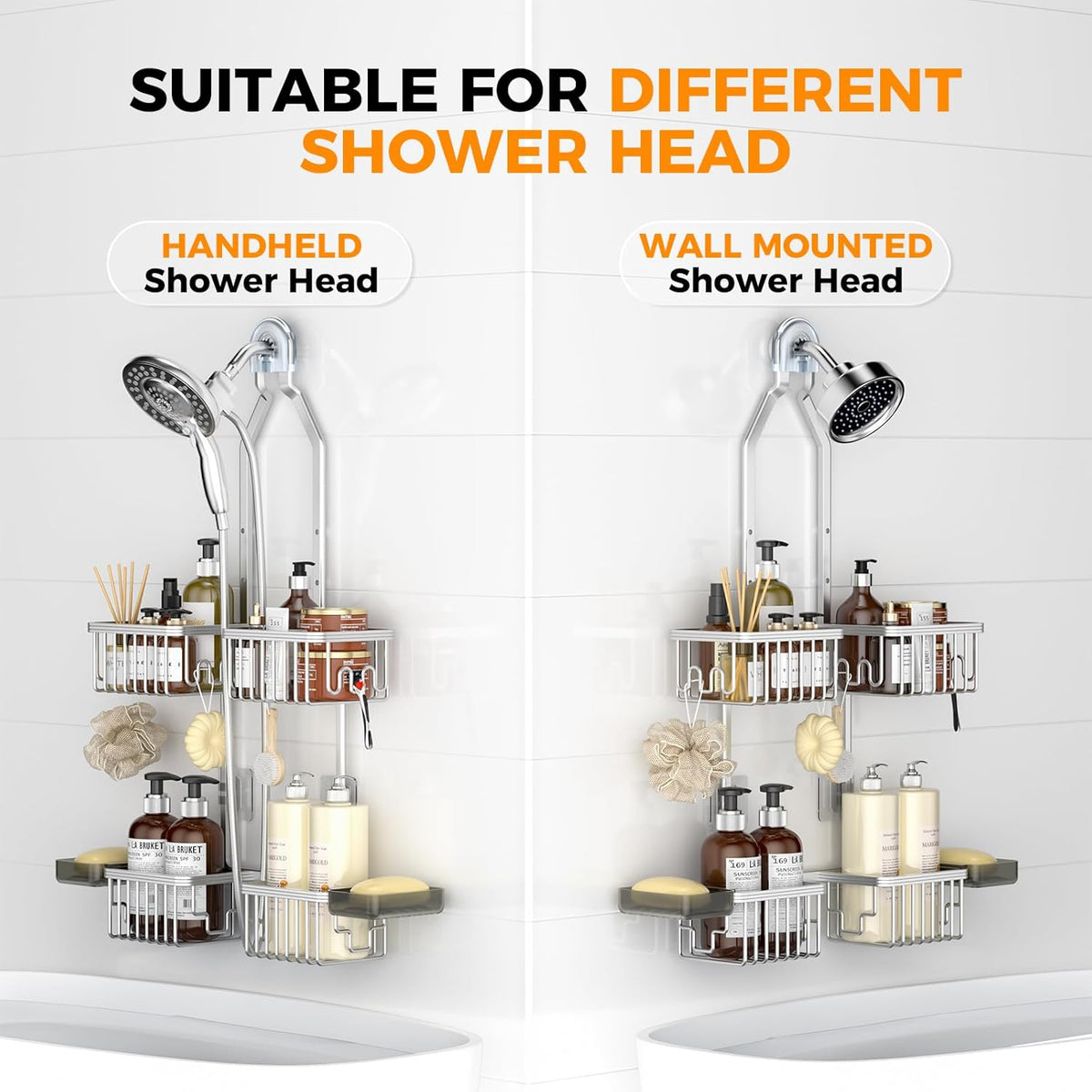 Reinhardt Aluminum Shower Caddy - Adjustable Rustproof Organizer with Hooks & Soap Holders | Silver