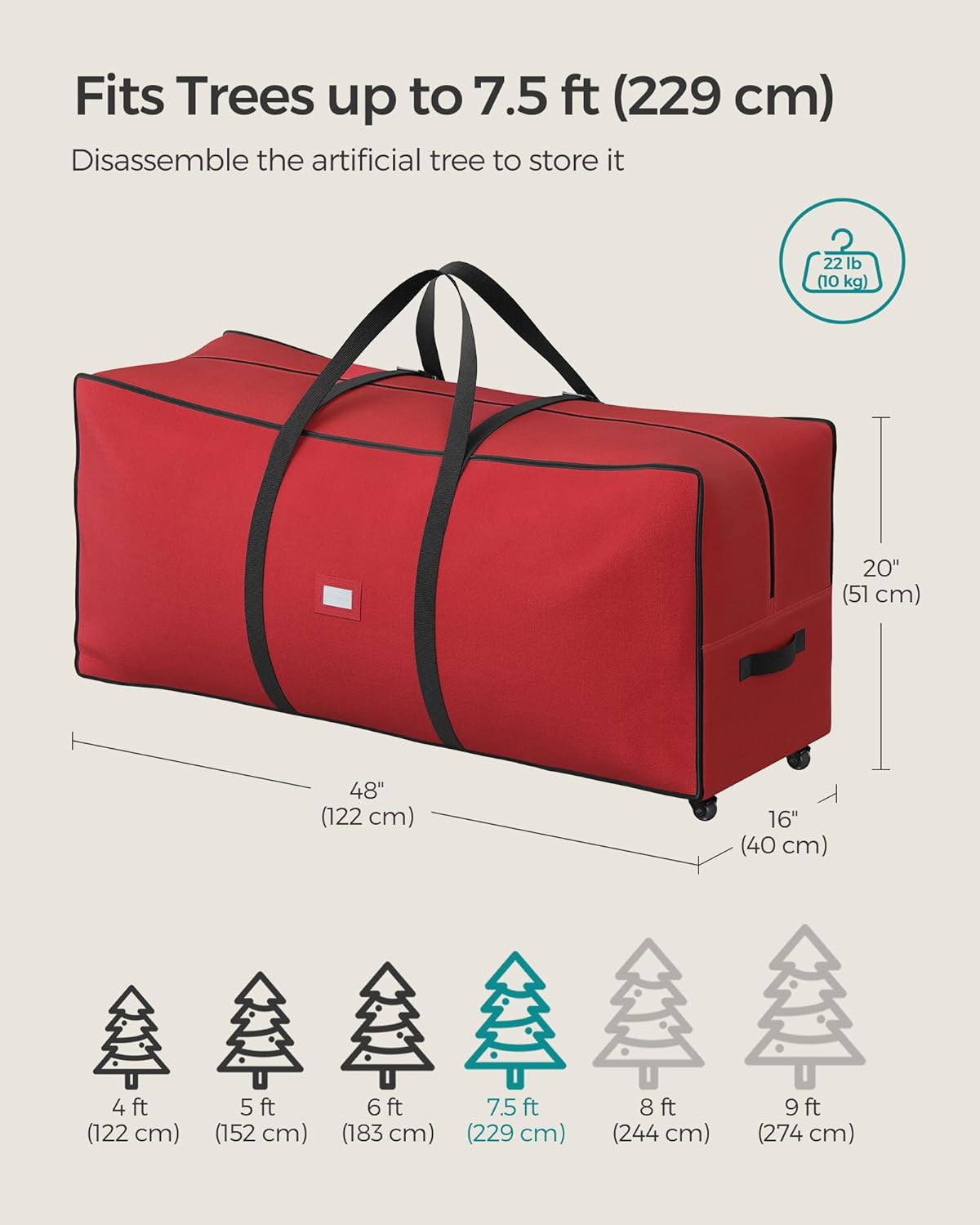 SONGMICS Christmas Tree Storage Bag - Rolling Design with Wheels, Adjustable Handles, 7.5 ft Capacity, Cherry Red