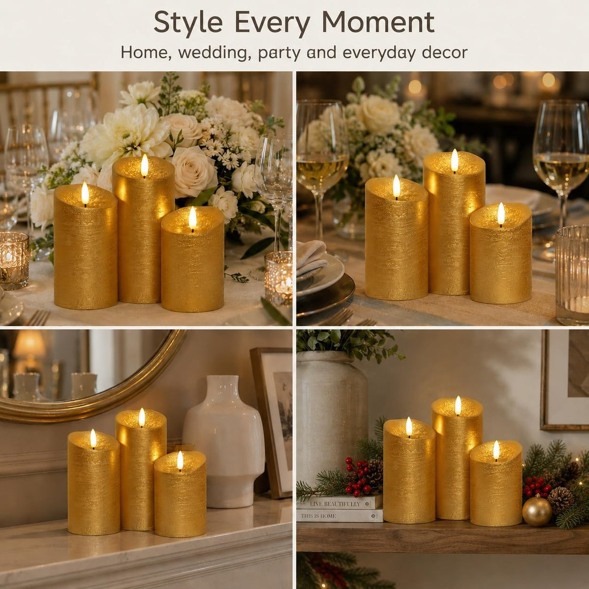 COVEGE Gold Flameless Candles with Remote, Flickering Real Wax Battery Operated Candles with Timer, Set of 3 LED Pillar Candlesfor Home Room Decor Christmas Decoration