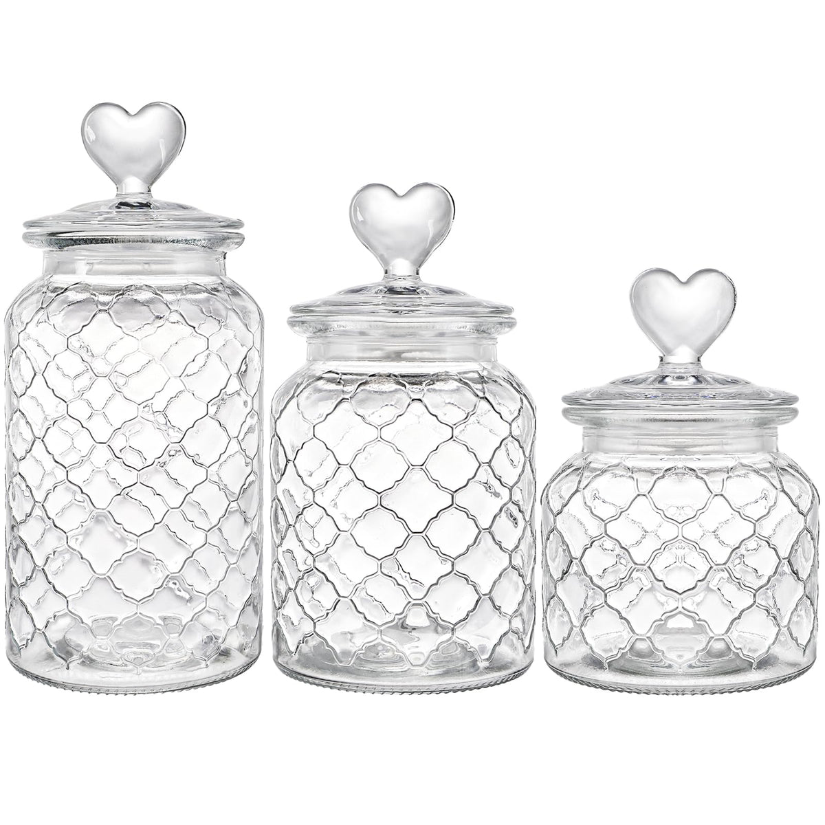 Hiceeden Set of 3 Cute Glass Jars with Airtight Lids, Candy & Cookie Food Storage Containers with Heart-shaped Handle, Glass Canister with Grid Texture for Coffee Beans, Flour, Sugar, 22/32/45oz