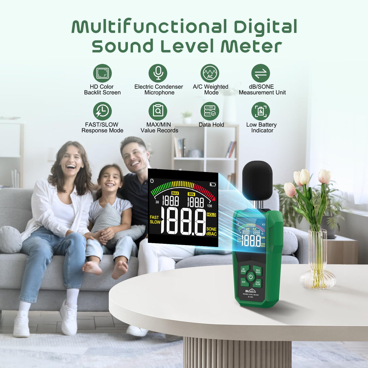 SQECH Decibel Meter, Digital Sound Level Meter with LCD Color Screen,Portable SPL Meter Range 30-130dB with A/C Weighted,MAX/MIN,Data Hold,dB/SONE Unit,FAST/SLOW Response,for Home/Office/Factories
