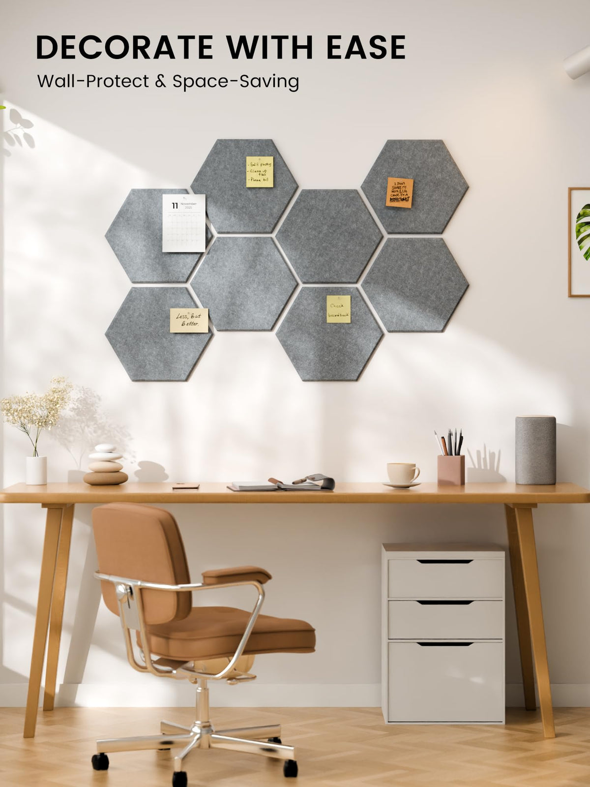 Fluxynara Hexagon Cork Board Alternative for Walls Decor-8-Pack Felt Bulletin Board Tiles,with 30 Pushpins,50 Adhesive Tabs for Office,Classrooms & Home Pin Board Felt Board-Blue Gray
