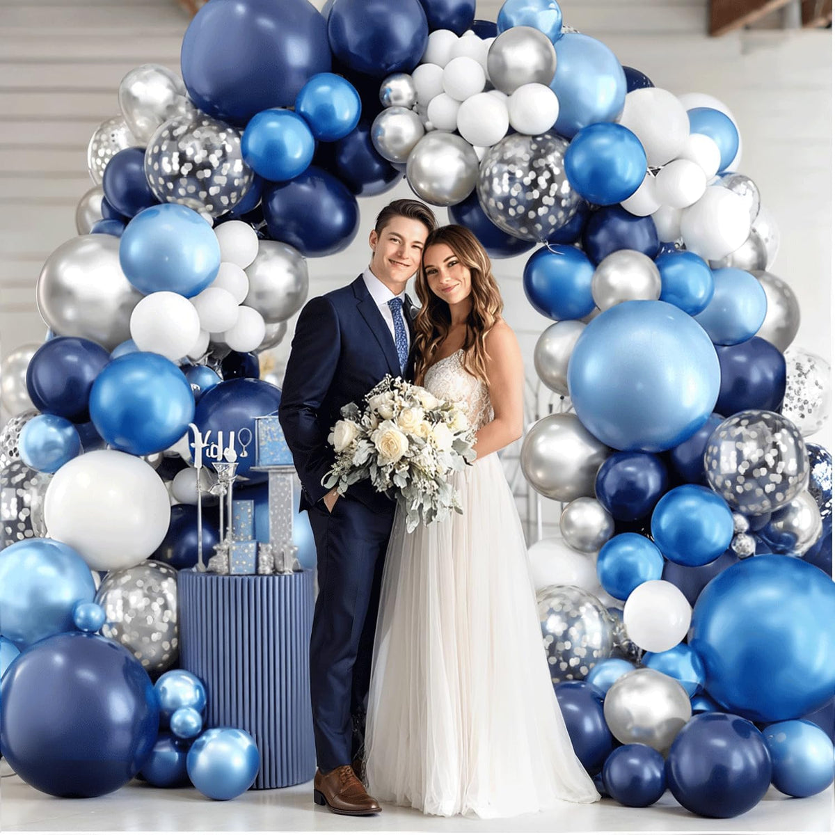 Skiennix Balloon Arch Kit - Navy Blue & White Balloons with Metallic Silver Confetti | Perfect for Graduation & Parties