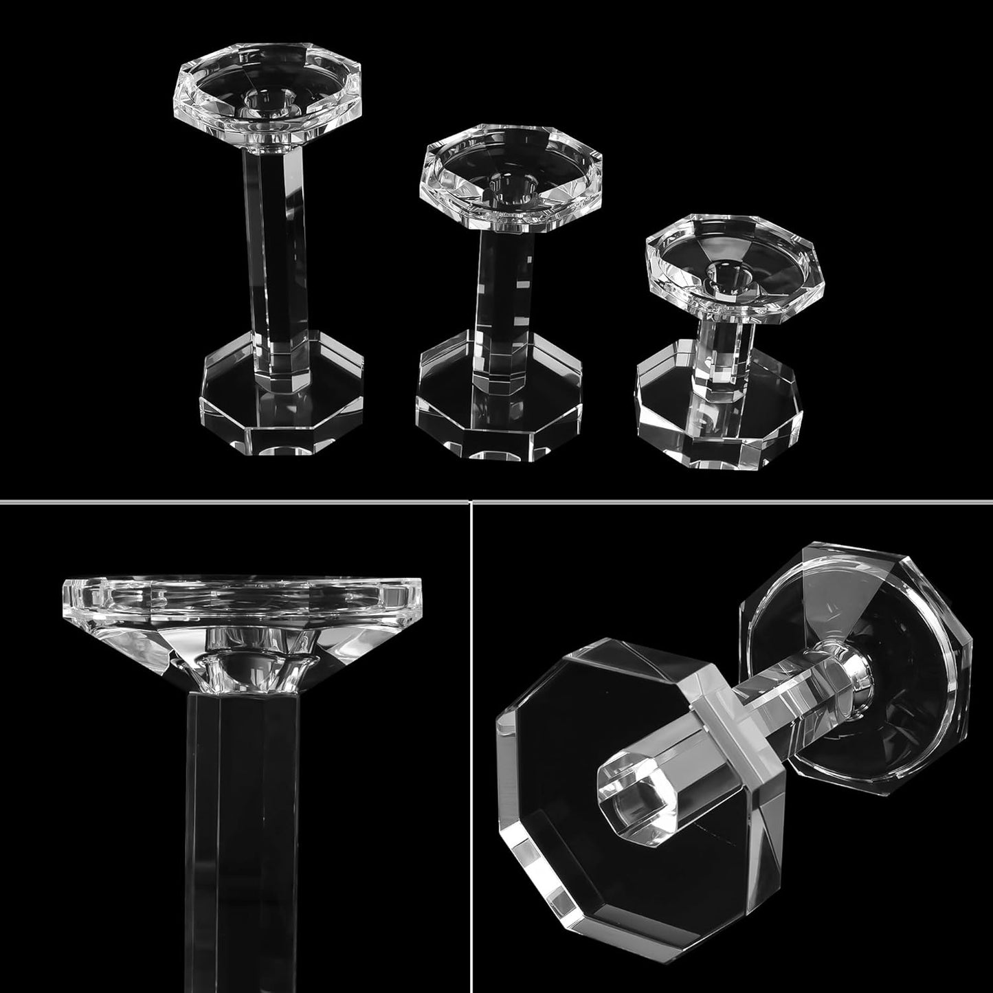 Skiennix Crystal Candlestick Holders - Elegant Set of 3 for Weddings & Parties | 4''/6''/8'' Tall