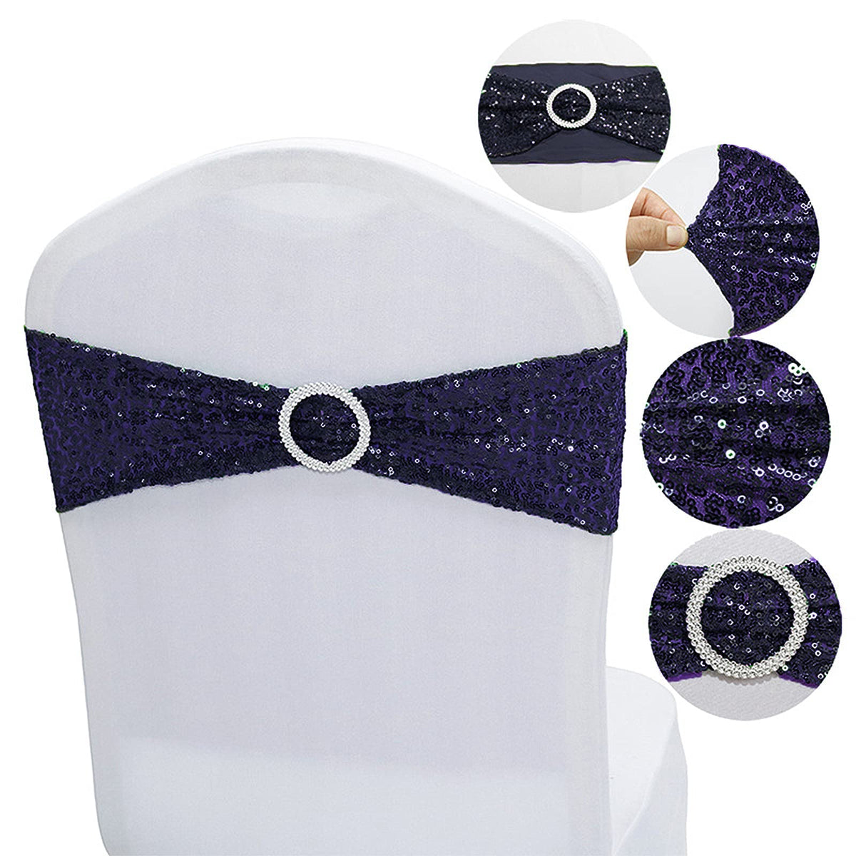 Dimatic 25 PCS Stretch Sequin Chair Sashes Chair Stretchy Spandex Bands for Wedding Reception Events Banquets Chairs Decoration (Navy)
