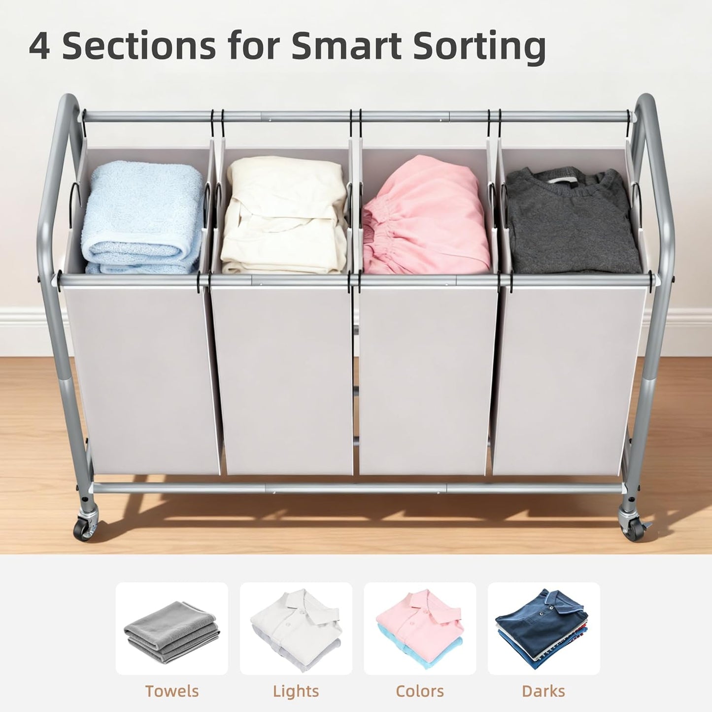 Storage Maniac Laundry Sorter - 4-Section 47.5 Gal Hamper with Wheels & Removable Bags | Gray
