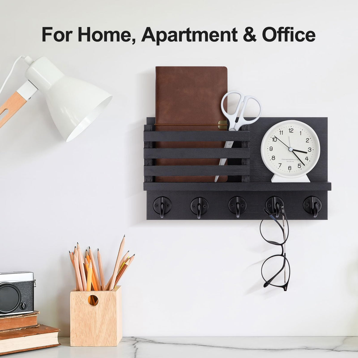 Lwenki Key Holder for Wall – Decorative Wooden Mail Holder and Key Shelf with Mounting Hardware, Installation Guide – Paulownia Wood with Metal Key Hooks (Black, Large - 11.8inch)