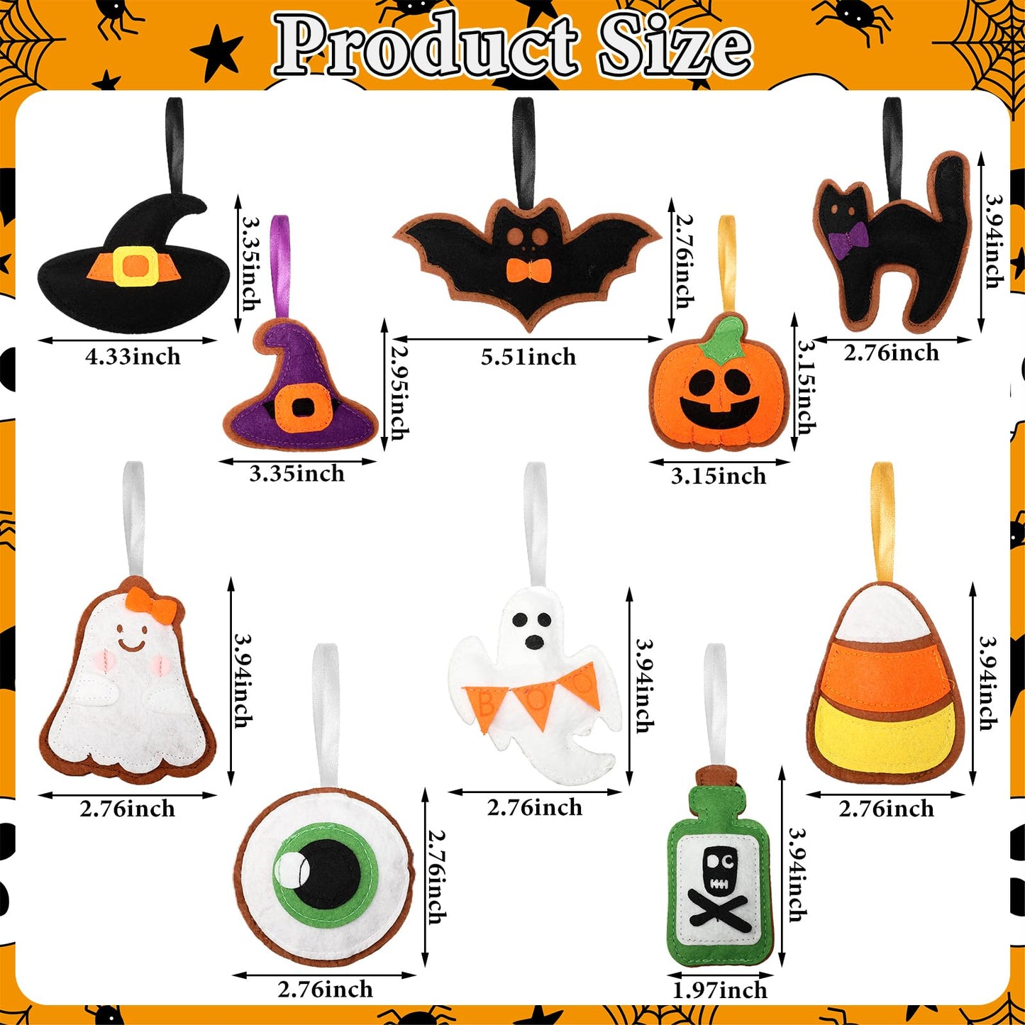 Breling 20 Pcs Halloween Felt Ornaments 3D Halloween Tree Hanging Decorations 3.15 Inch Ghost Bat Pumpkin Black Cat Witch Hat Felt Ornaments for Garland Banner Mantle Wall Party Decor