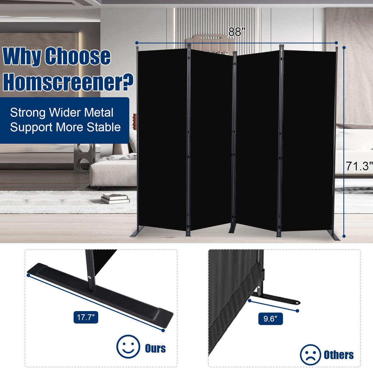 Room Divider 6FT Portable Room Dividers and Folding Privacy Screens, Fabric Divider for Room Separation, Partition Room Dividers Freestanding Wall Divider Screen Studio (Black, 4 Panel-88'')