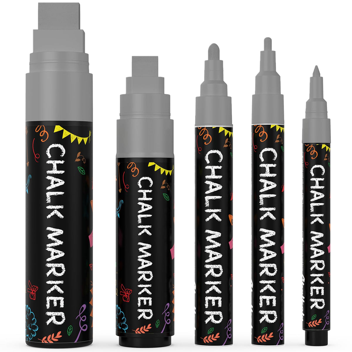 Chalkola 5 Grey Chalk Markers - Dry Erase Markers for Blackboard, Chalkboard Signs, Windows, Glass, Car | Variety Pack - Chalkboard Chalk Pens, Fine & Jumbo Size Ink Pen (1mm, 3mm, 6mm, 10mm, 15mm)
