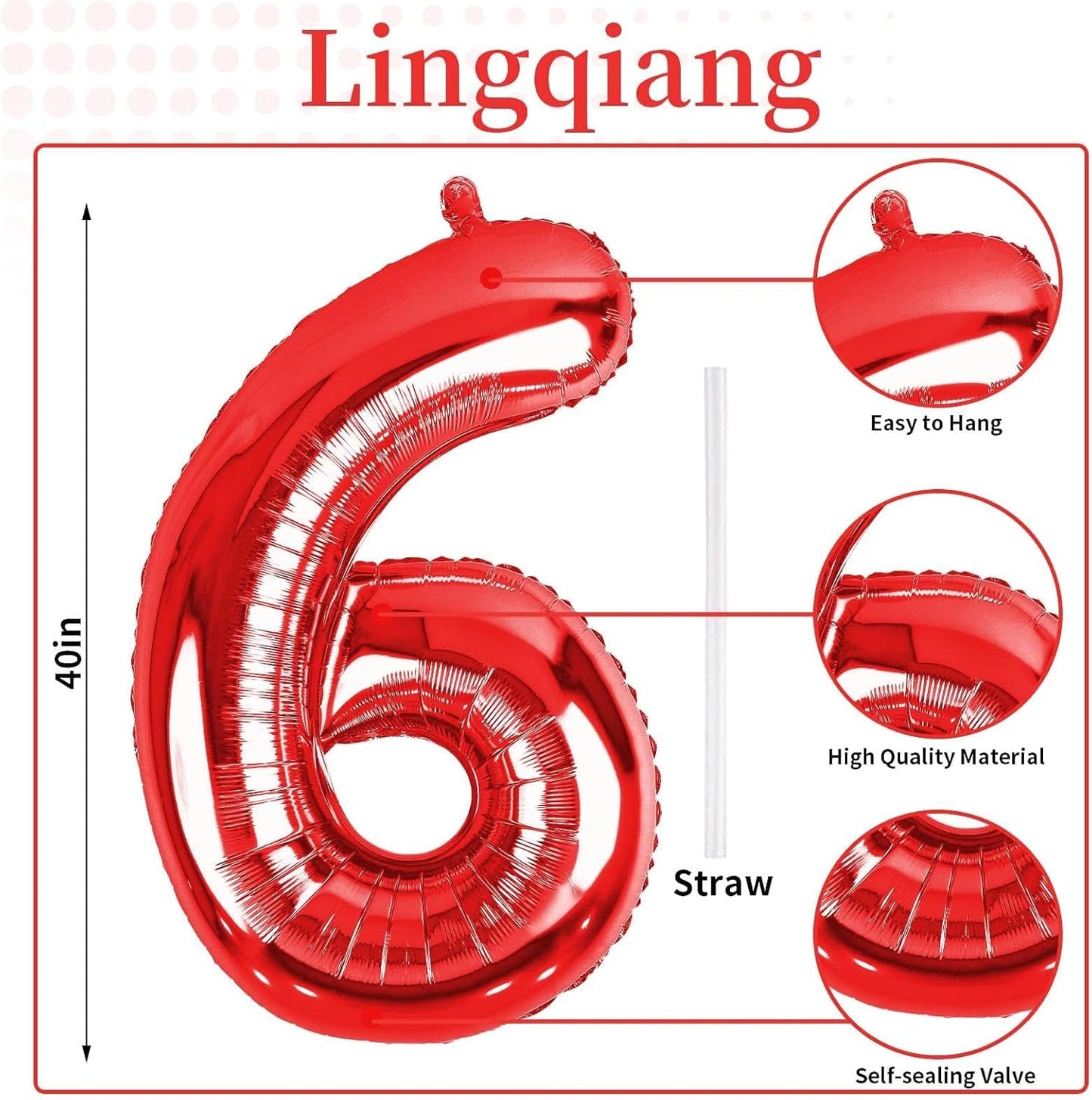 Self-Inflating 40-Inch Red Number 6 Balloons by [Brand Name] | Foil Mylar for Birthday Parties & Anniversaries