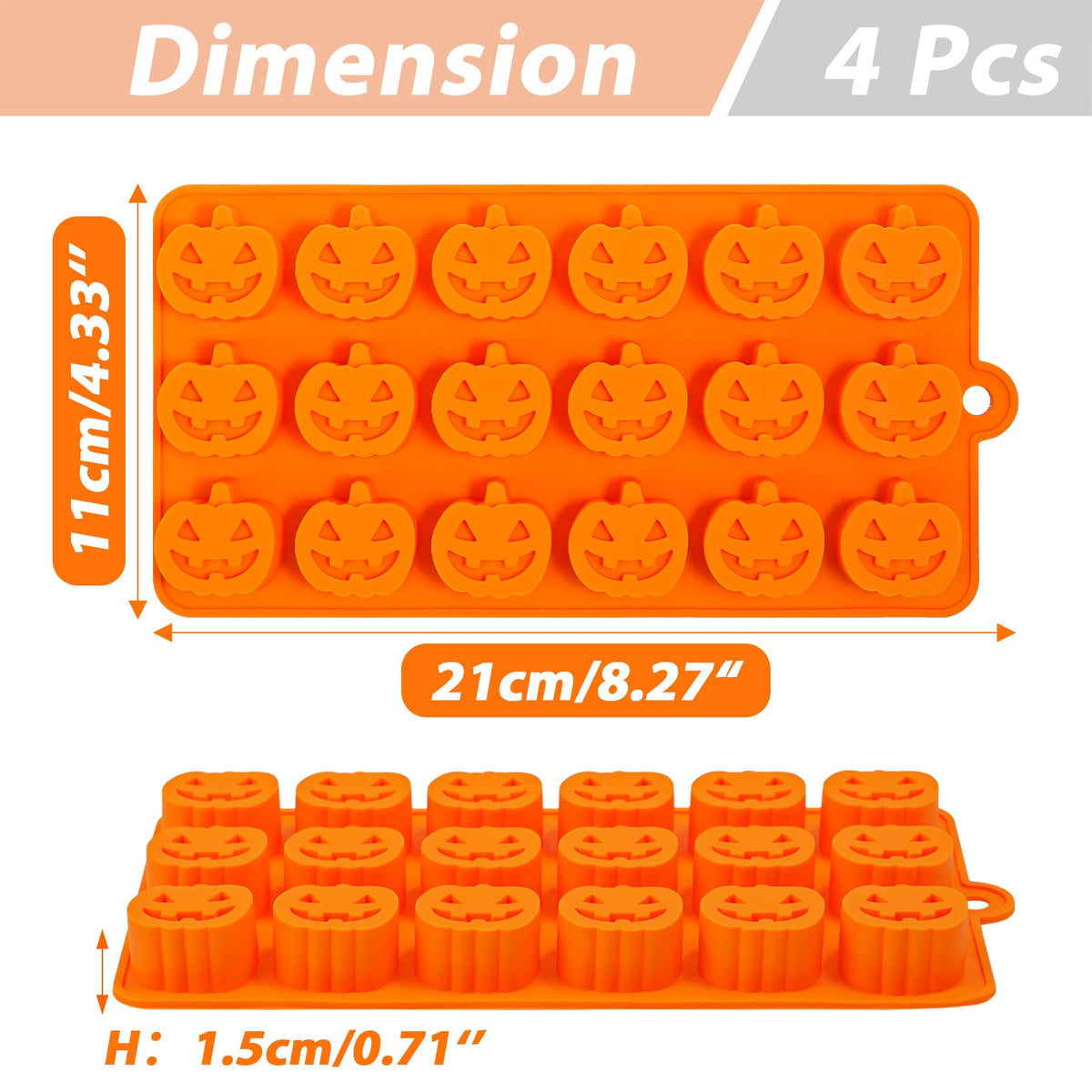 Webake Halloween Chocolate Mold Shaped with Pumpkin Jack-O-Lantern, Skull, Tombstone, Ghost, Bat and Spider, Halloween Silicone Molds for Chocolate, Candy, Ice Cube, Jello, Soap, Pack of 4