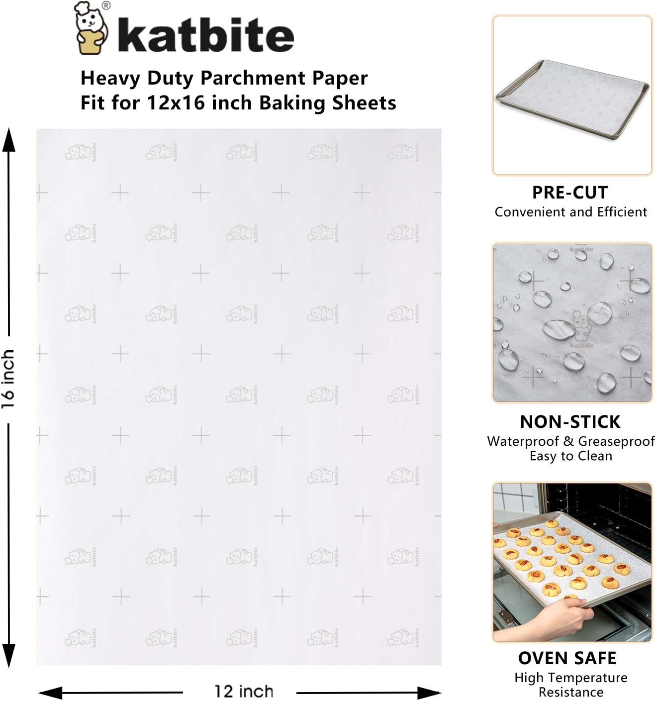 Katbite 12x16 Inch Non-Stick Parchment Paper Sheets - Heavy Duty Precut Baking Paper for Cookies & Air Frying