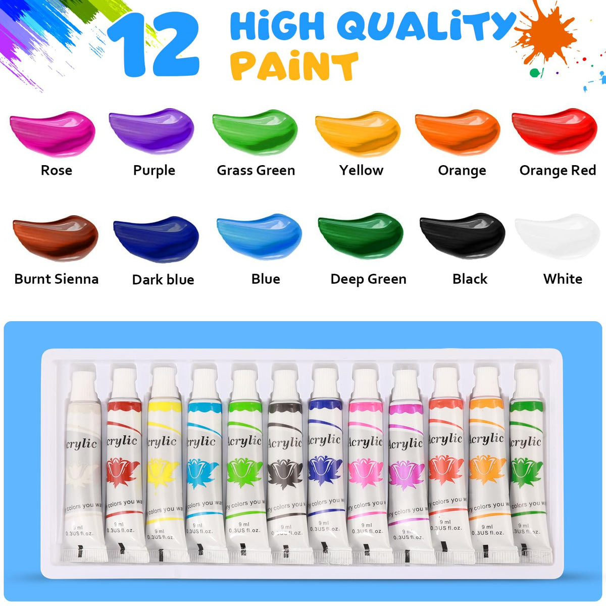 Art Painting Kits, Paint Station, Including Upgraded Paint Brush Cleaner, 20"X16" Silicone Painting Mat, 12 Colors Acrylic Paint Set and 10 Paint Brushes, Painting Supplies Kits(Blue)