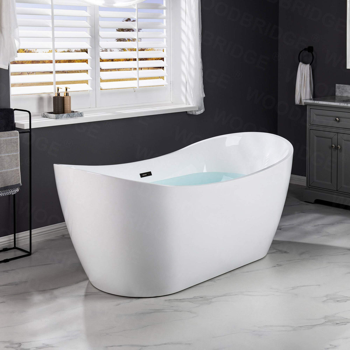 WOODBRIDGE 71" Acrylic Freestanding Bathtub Contemporary Soaking Tub , White Acrylic ( Matte Black Drain/Overflow),B0017 MB Drain &O