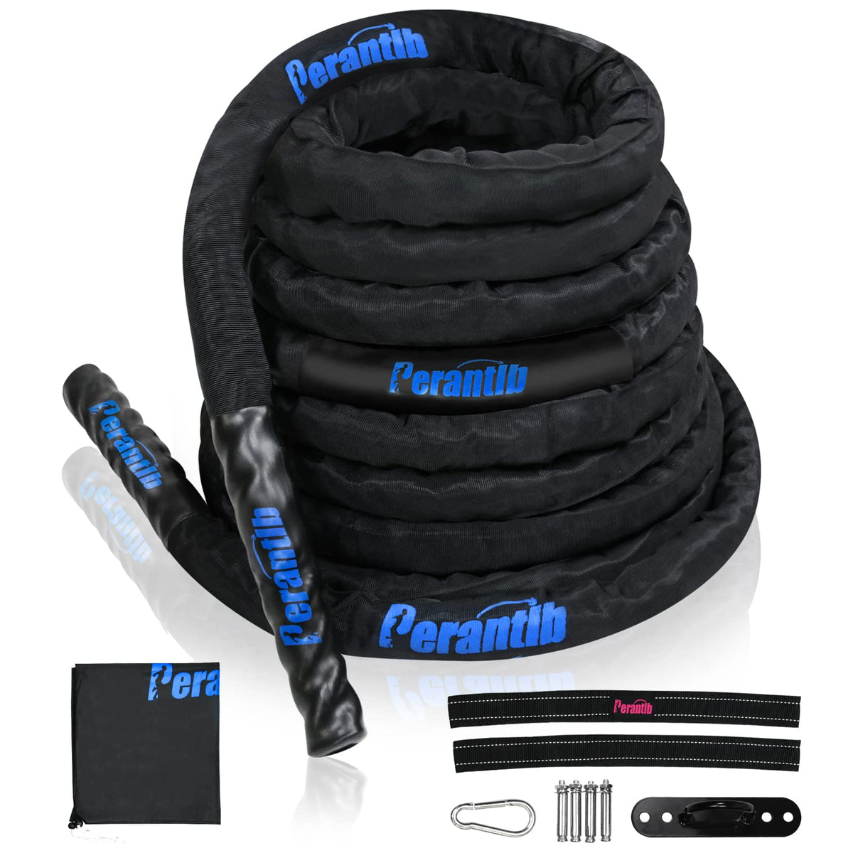 Perantlb 100% Poly Dacron Heavy Battle Rope - 1.5", 30' 40' 50' Lengths - Upgraded Durable Protective Sleeve - Gym Muscle Toning Metabolic Workout Fitness - Anchor Strap Kit Included (1.5" x 30 ft)