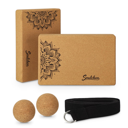 Soulchen 5 Pack Yoga Accessories for Women Set Yoga Block 2 Pack with Strap Massage Ball for Meditation Pilates Cork Blocks Stretching Home Gym Natural High-Density, 12"x8"x2"