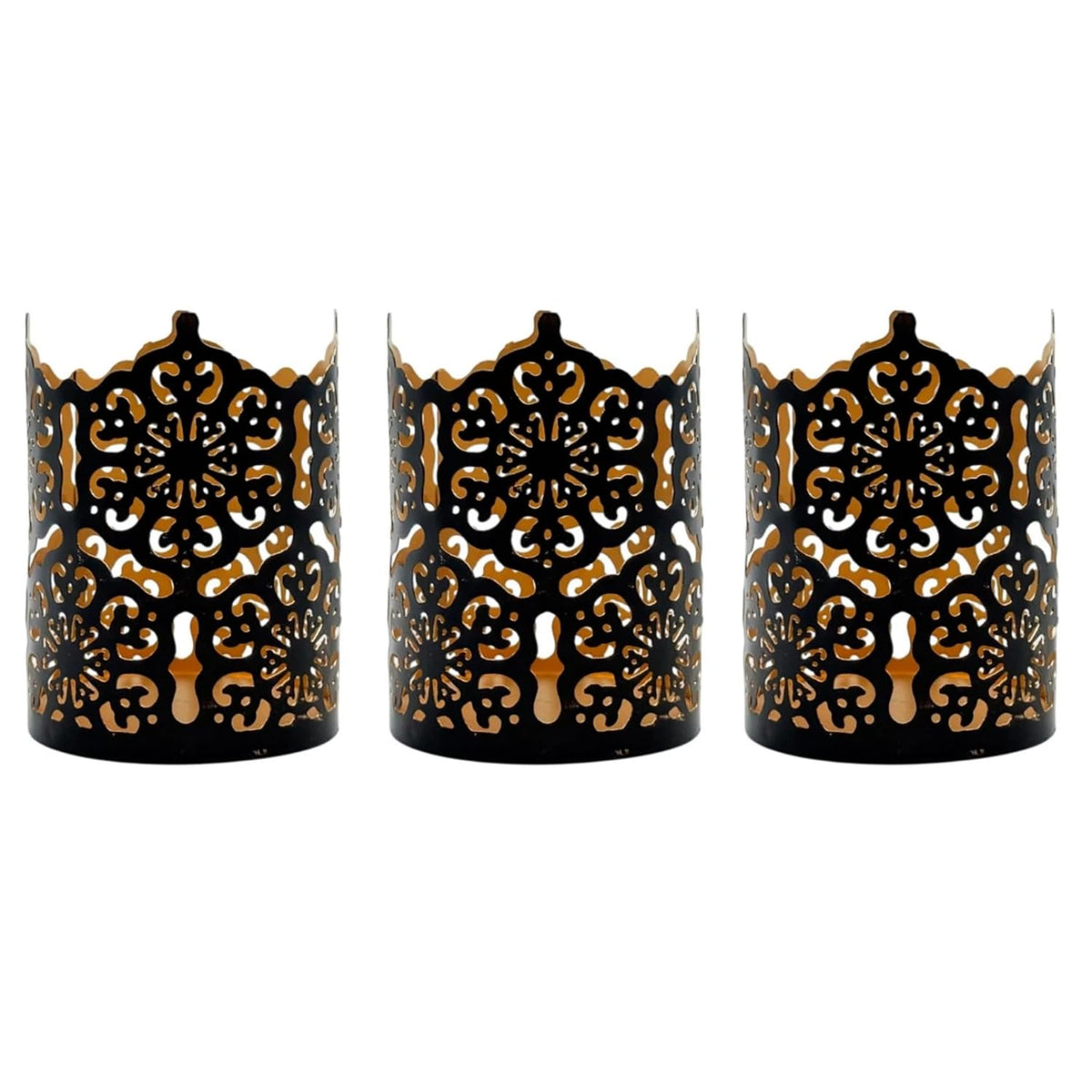 Hosley Set of 3 Black Metal Candle Holders 4 Inch High - Lattice Cut Lanterns for Table Centerpiece, Wedding, Home Decor, Indoor Outdoor