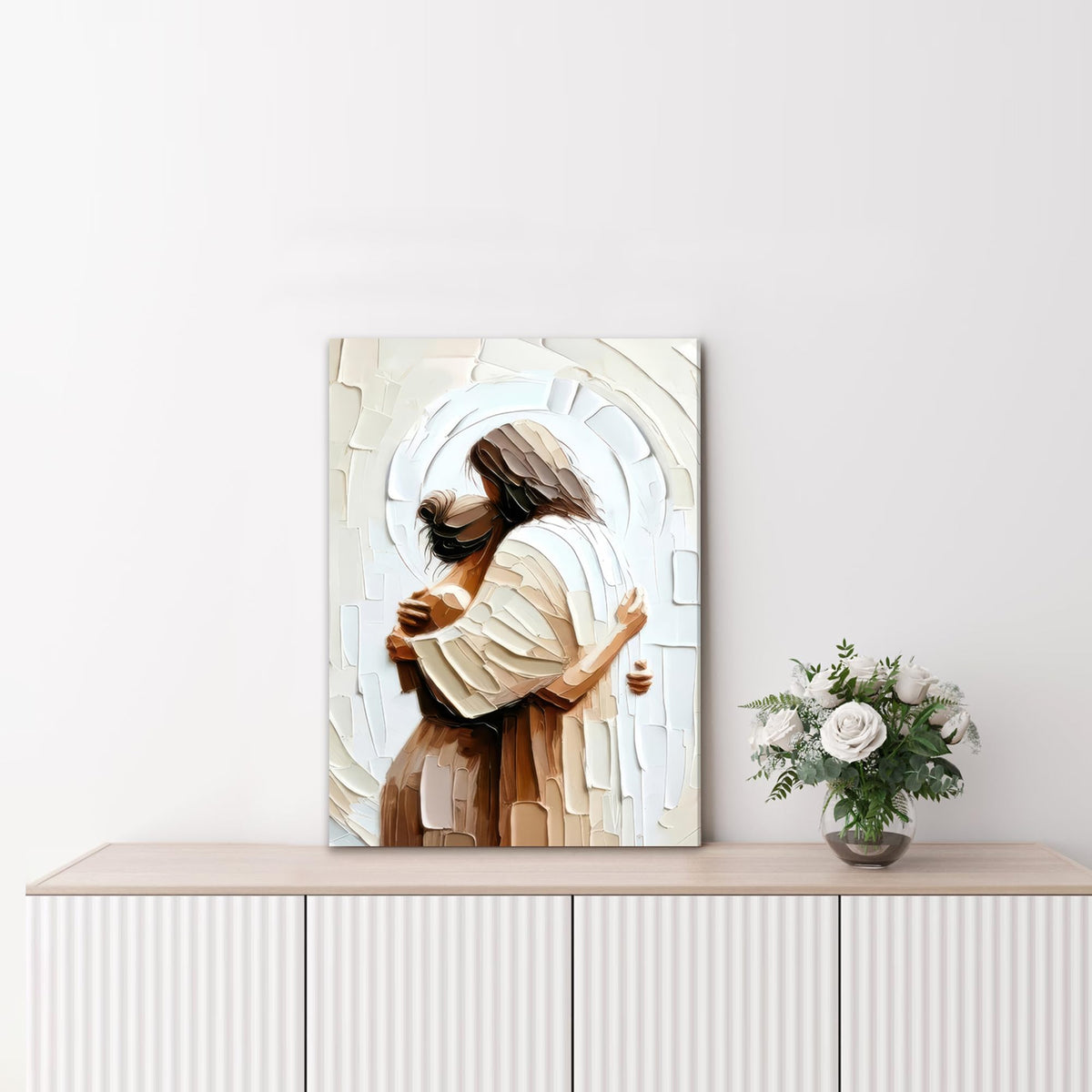 Palette Dreams Jesus Embracing Woman Canvas Wall Art, Woman Lying Safely In The Arms Of Jesus Wall Decor, Christian Wall Art Home Decor for Bedroom Church Prayer Room 12 x 16 Inch